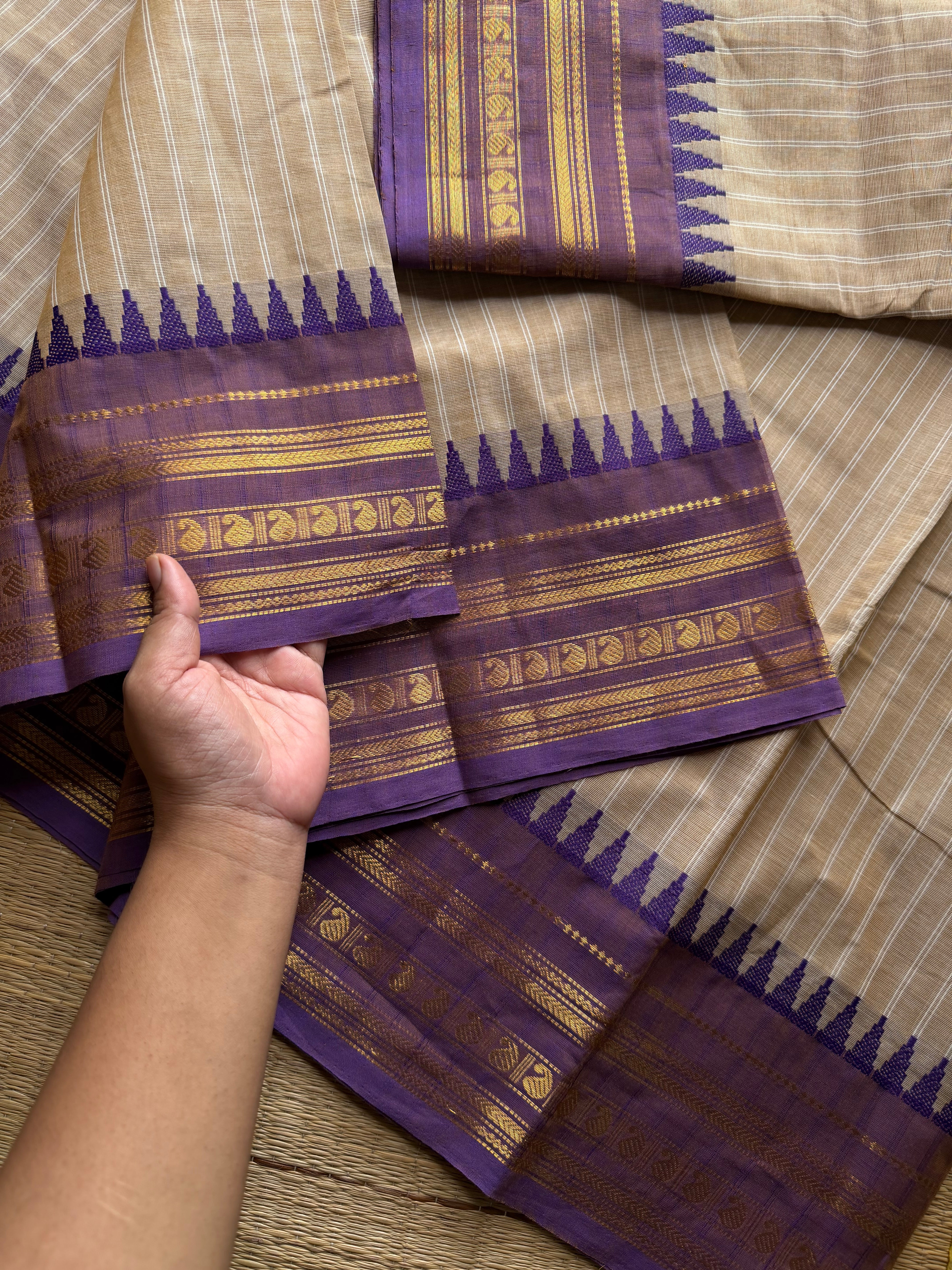RF1351 Pastel Edition ~ Cream with light purple shade combination Kanchi cotton saree with stripped pattern