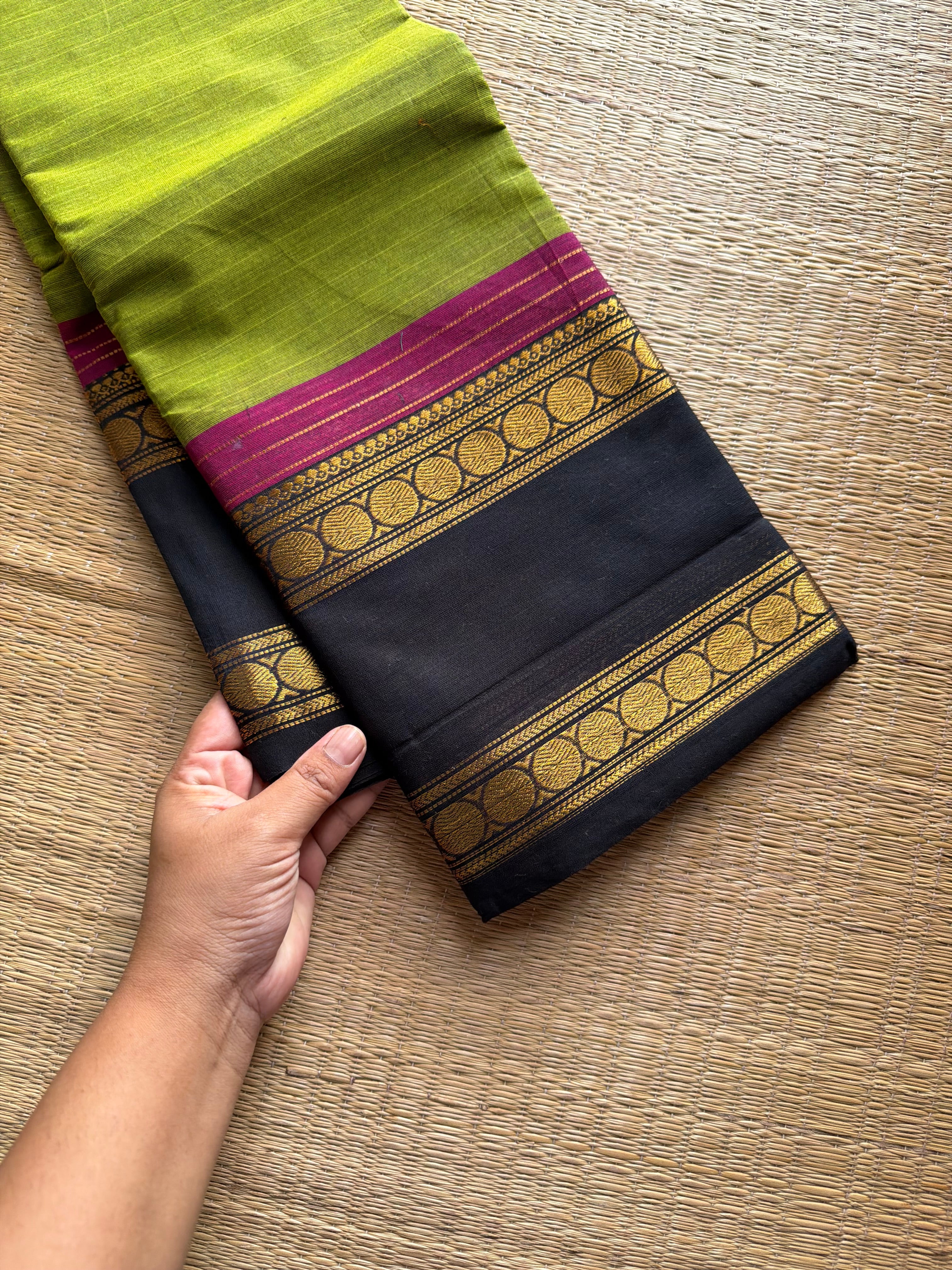RF1135 Green with black ~ Gap border Kanchi cotton saree