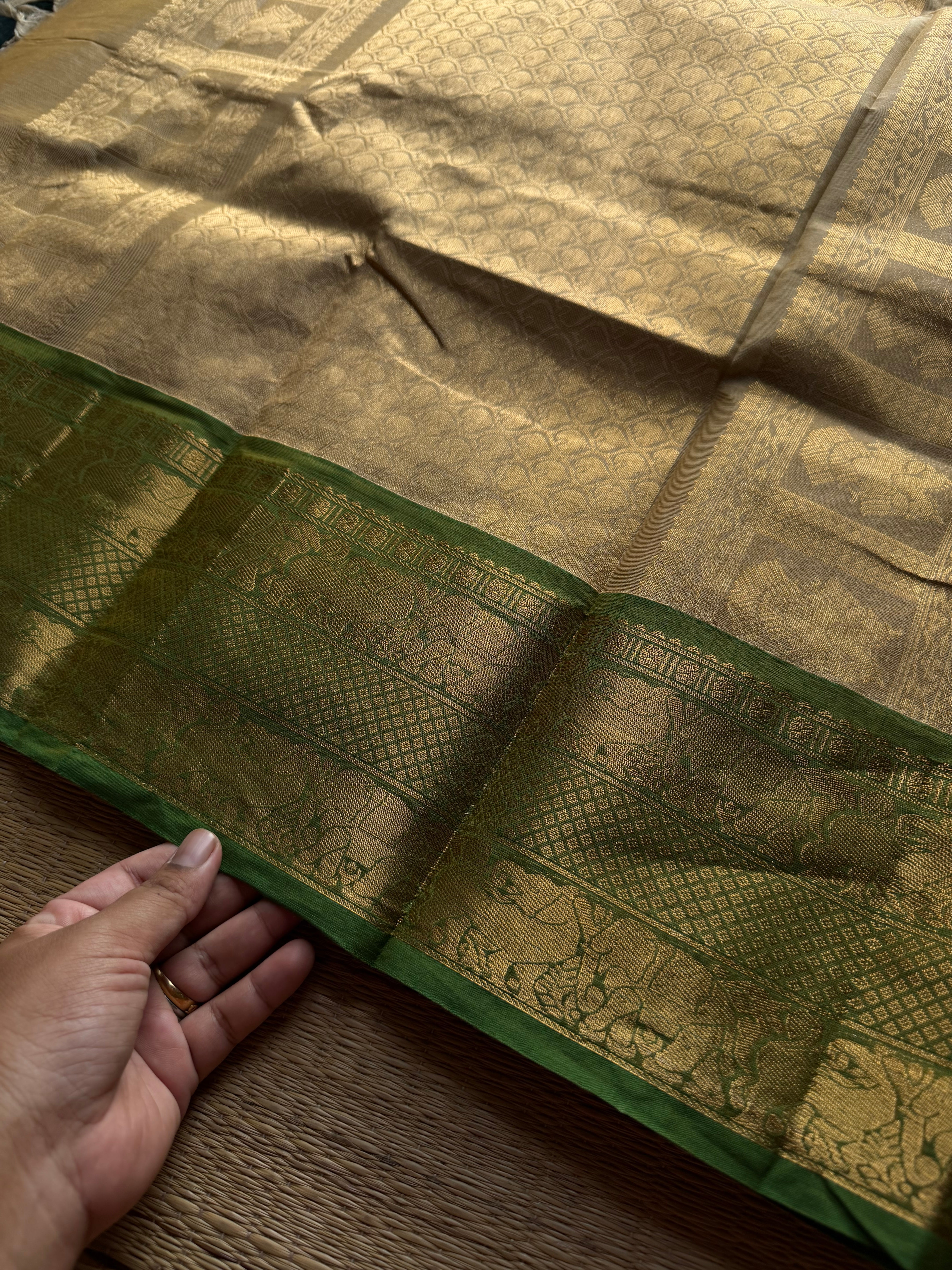 RF1384 Premium Rich Pallu Kanchi cotton saree with Vairaoosi weaving & Yazhi pattern pattern ~ Beige with green