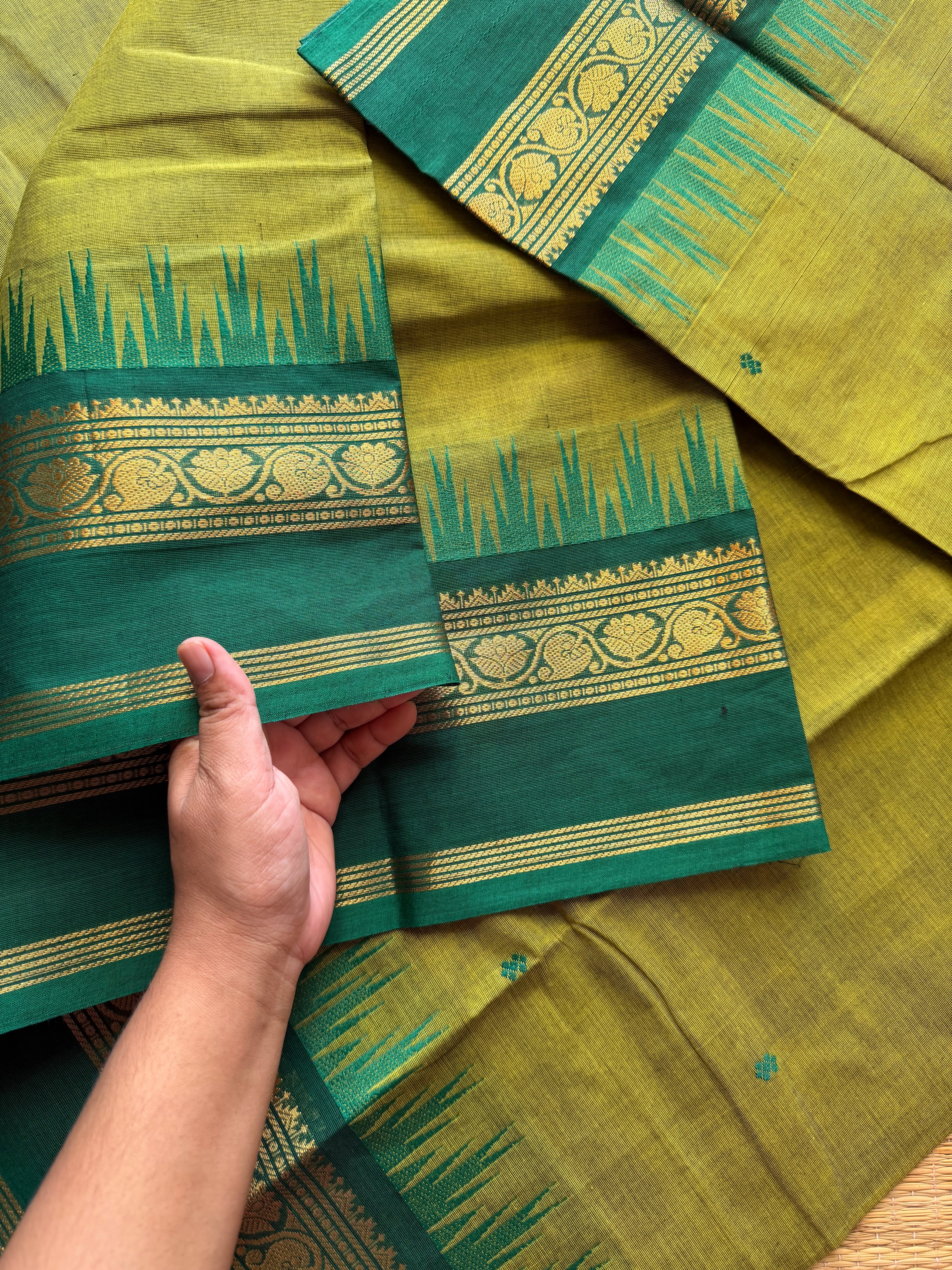RF325 Green with dark green combination Thazhampoo pattern Kanchi cotton saree with handmade thread buttas