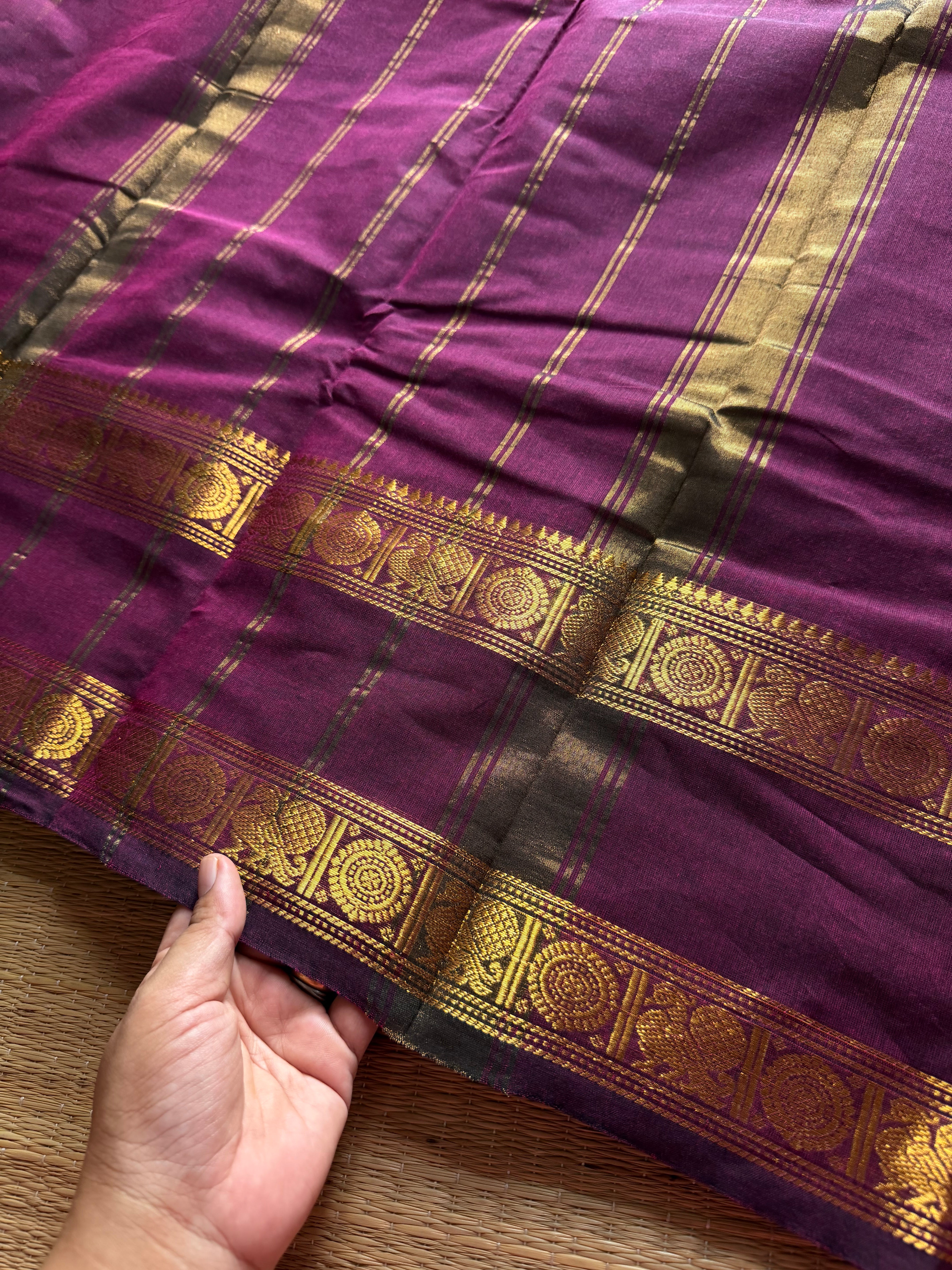 RF462 Wine shade monotone Kanchi cotton saree with Annam pattern gap / Rettapet border