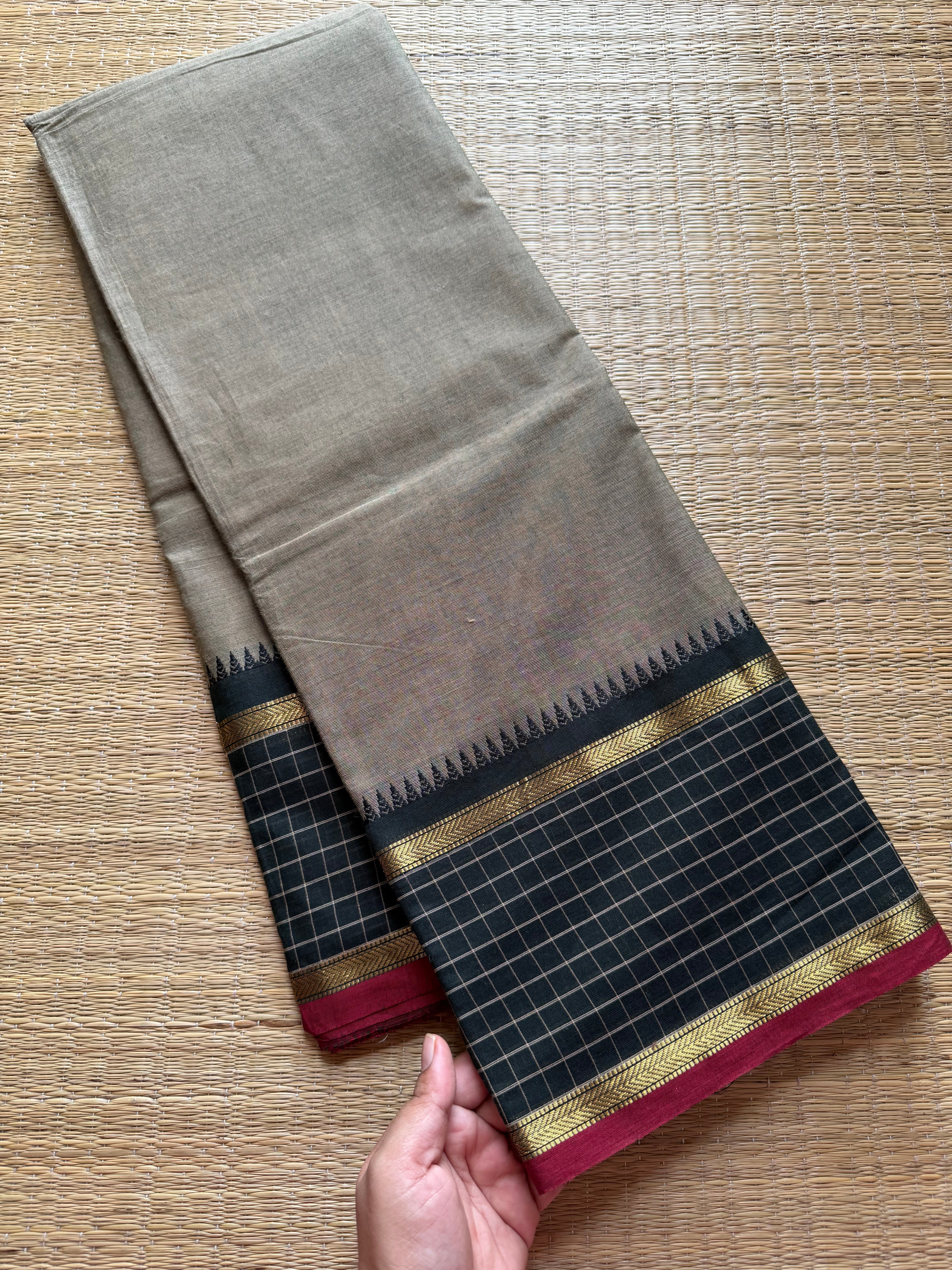 RF376 Grey with black combination vintage border Kattam / checks pattern Kanchi cotton saree