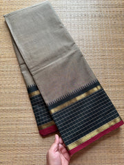 RF376 Grey with black combination vintage border Kattam / checks pattern Kanchi cotton saree
