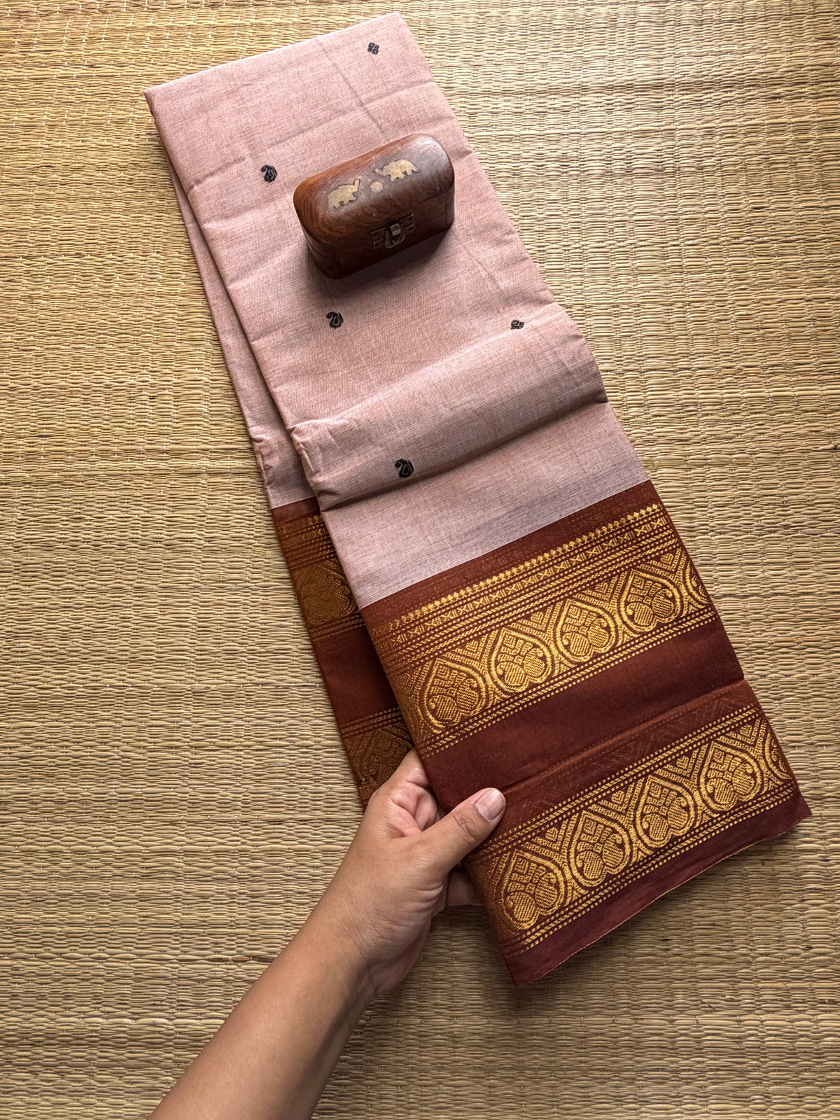 Cream Shade Kanchi Cotton Saree With Retta Patta Border and Handmade Thread Buttas