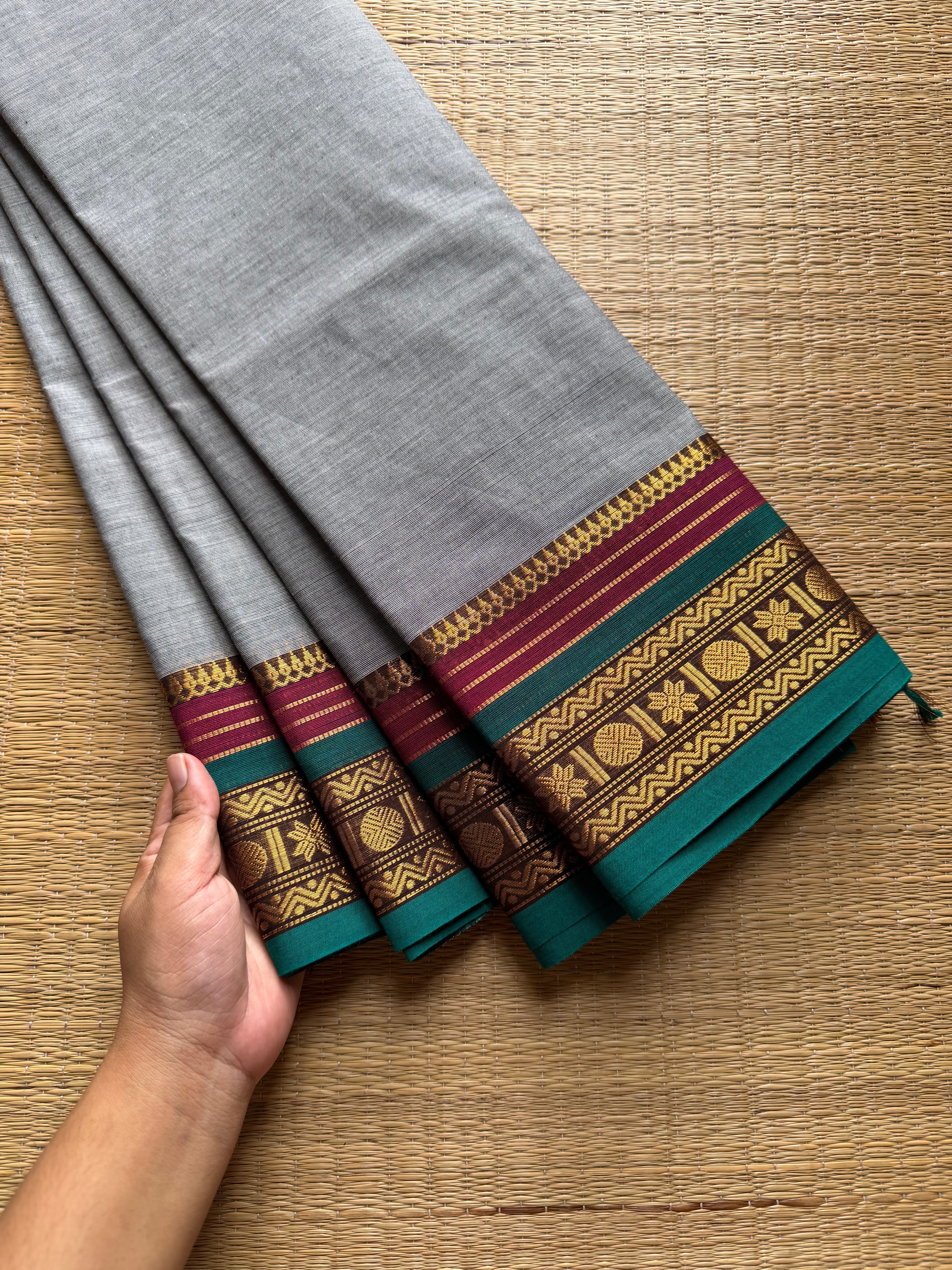 RF697 Grey ~ Silk Saree Inspired Kanchi Cotton saree with multi color border