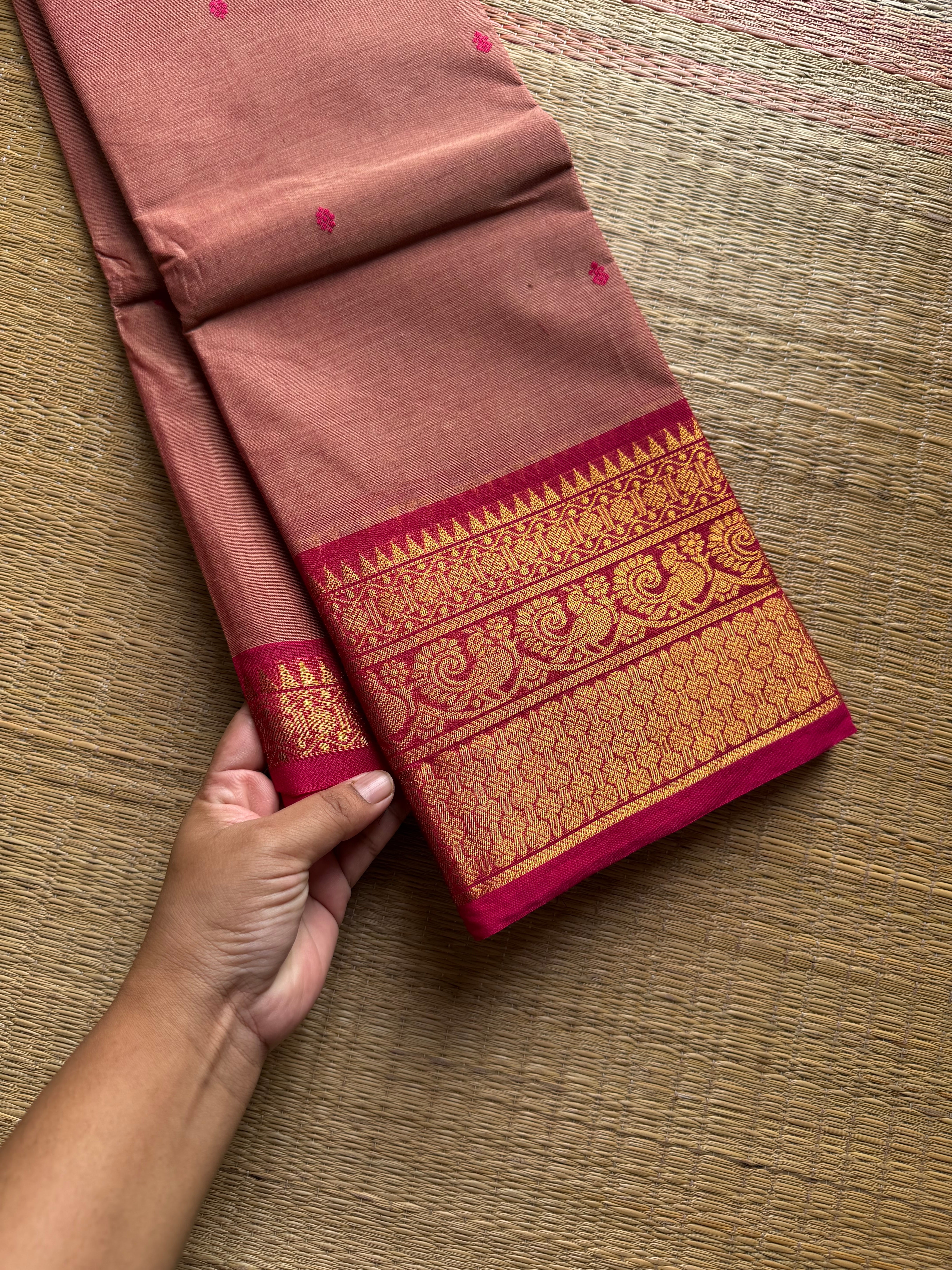 RF1197 Light Onion pink shade Kanchi cotton saree with handmade thread buttas