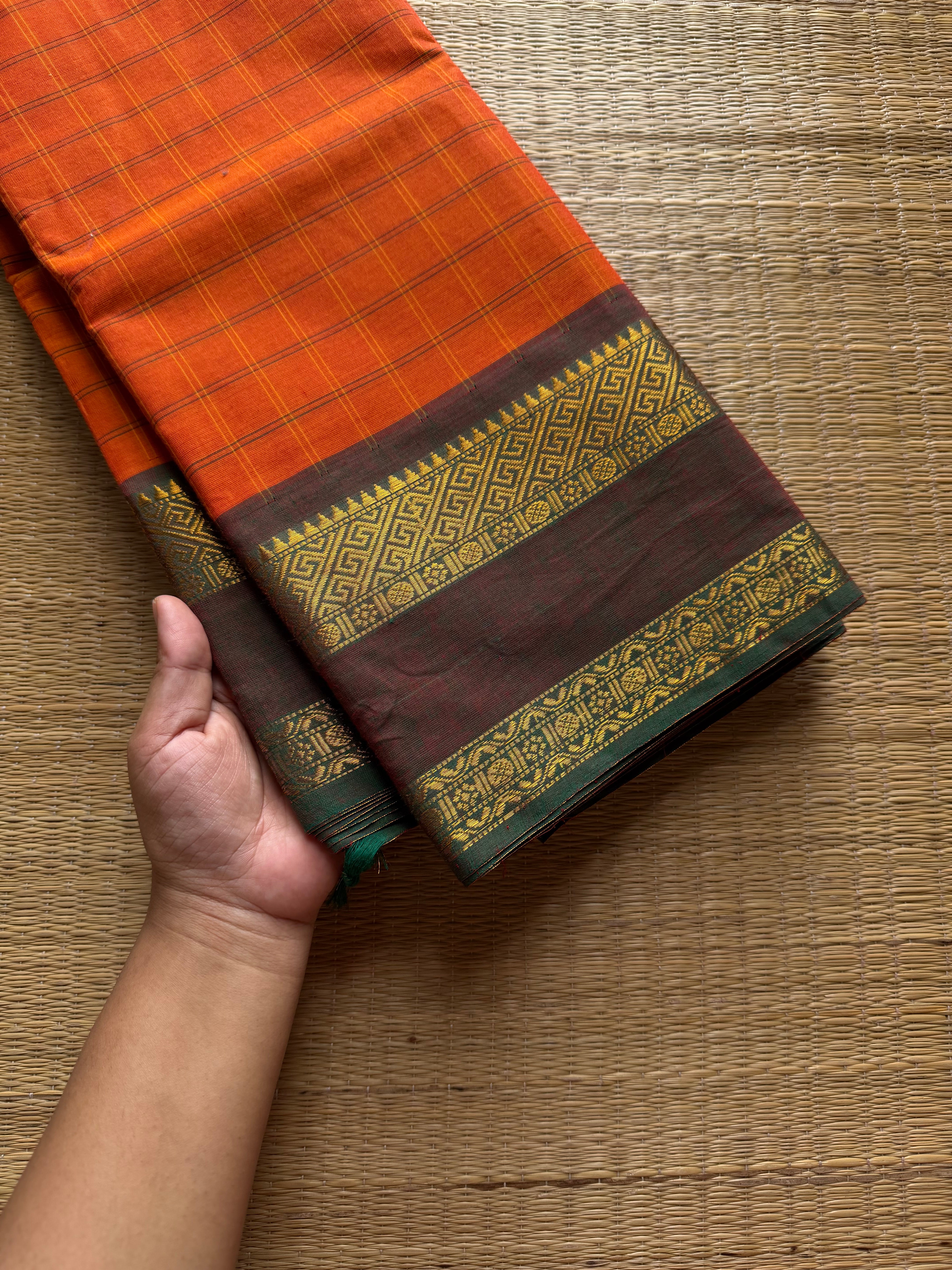 RF1033 Orange with green ~ Vintage Kattam / Checks Kanchi Cotton Saree
