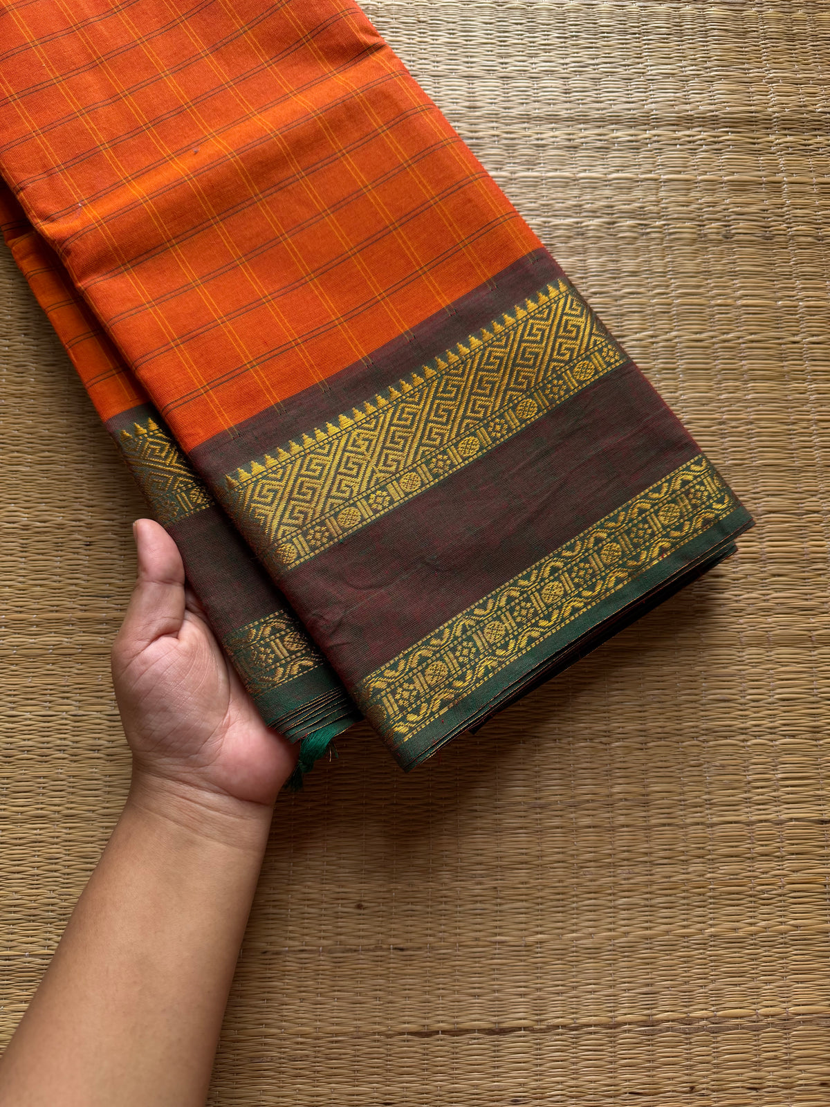 RF1033 Orange with green ~ Vintage Kattam / Checks Kanchi Cotton Saree