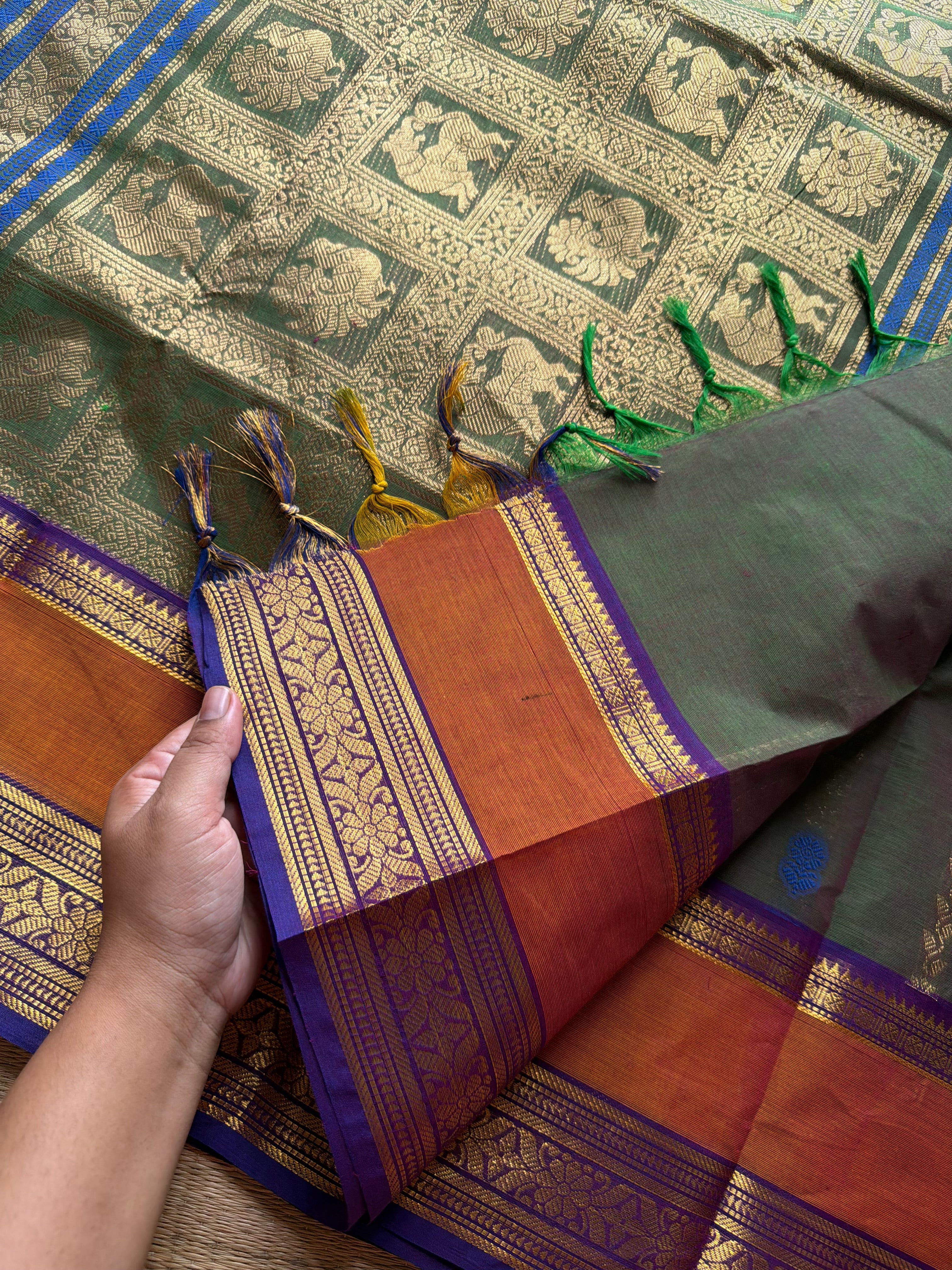 RF1354 Rich Pallu Kanchi Cotton Saree ~ Dual tone green gram shade