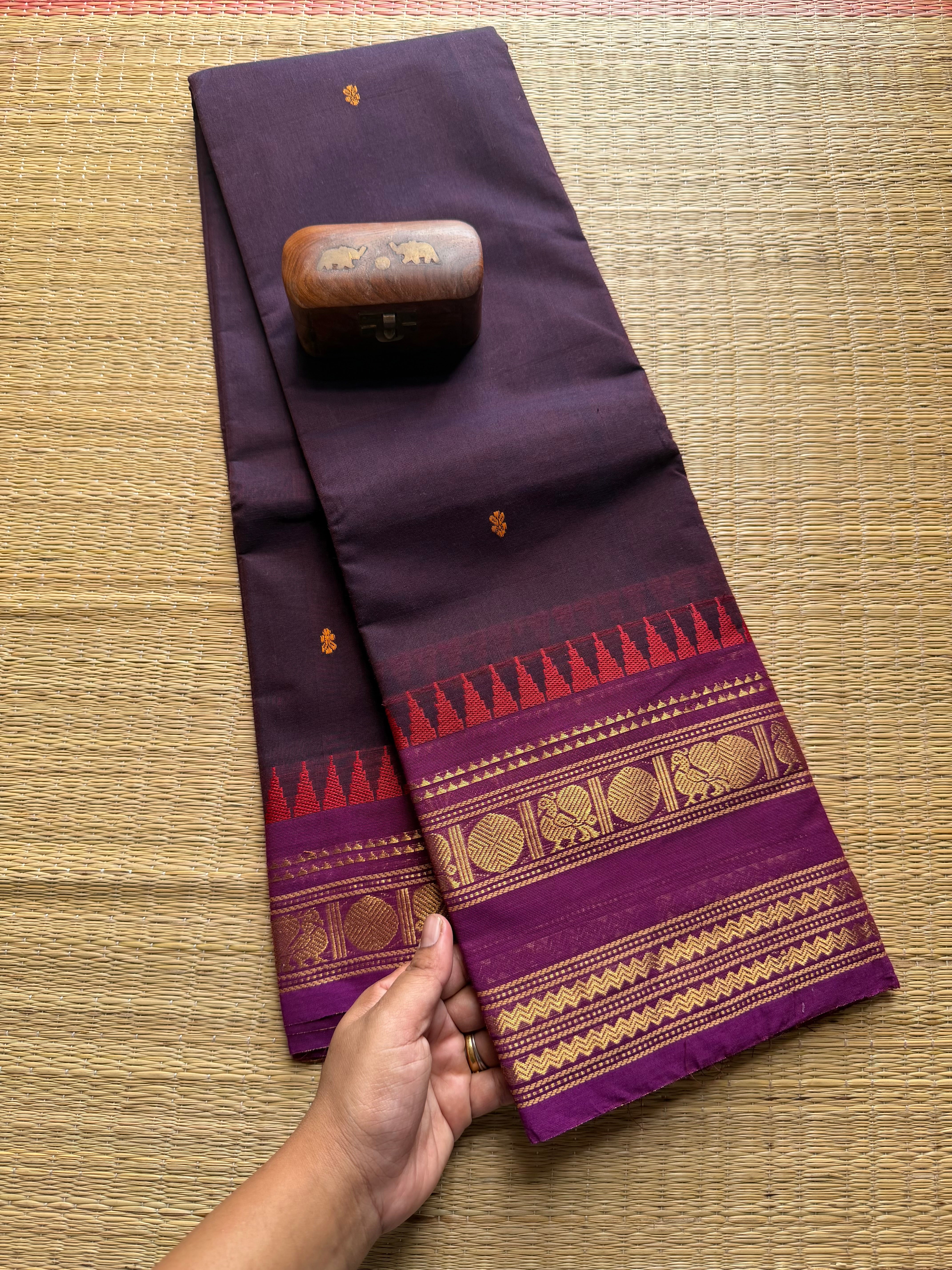Purple Shade Kanchi Cotton Saree With Handmade Thread Buttas