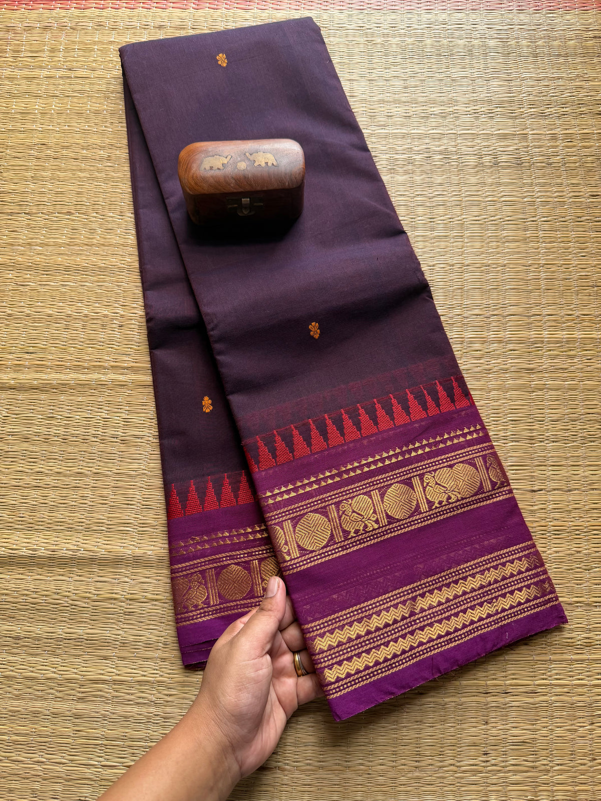 Purple Shade Kanchi Cotton Saree With Handmade Thread Buttas