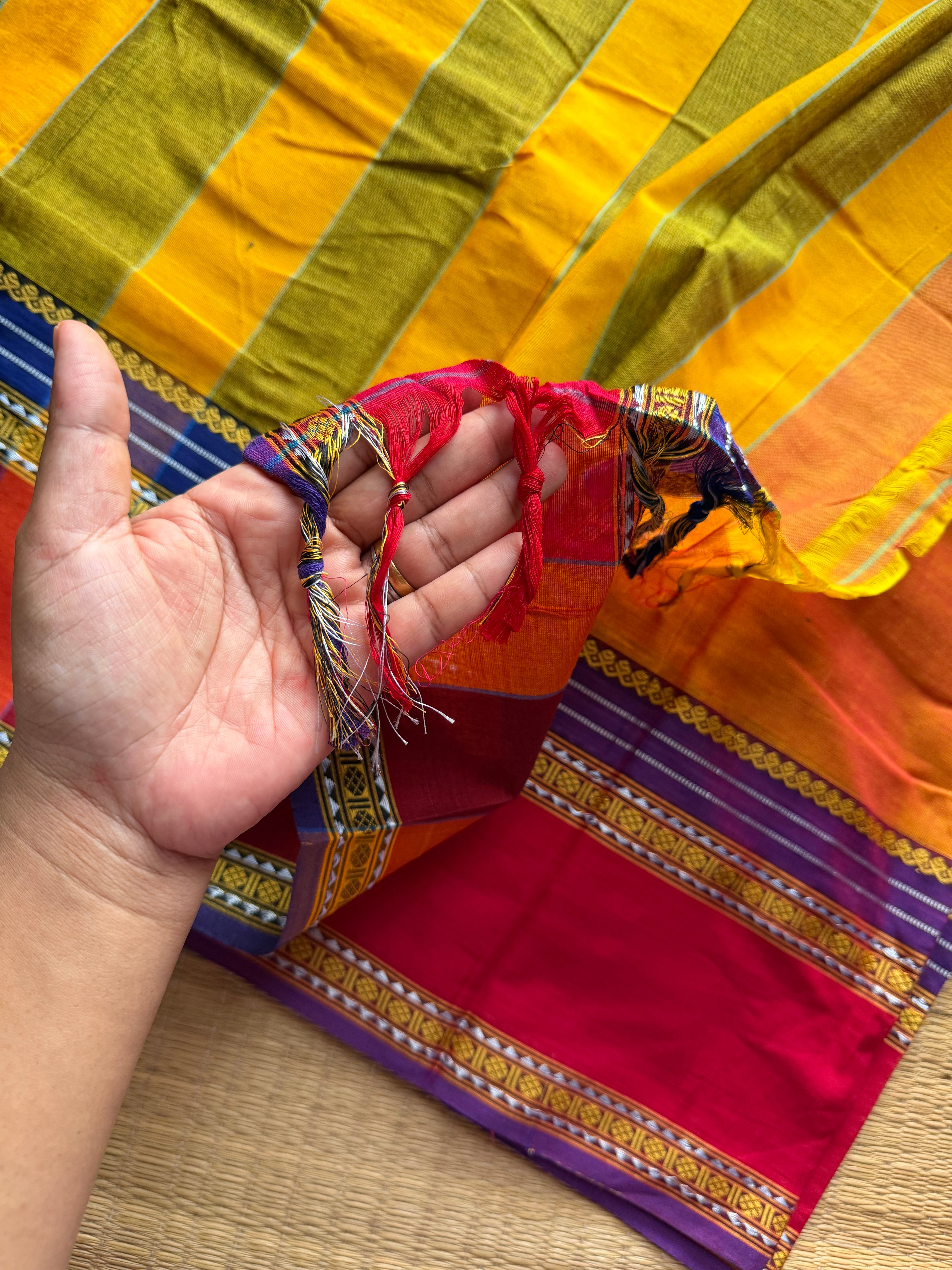 RF1094 Dark Mango shade ~ vintage style gap border mercerised Narayanpet cotton saree