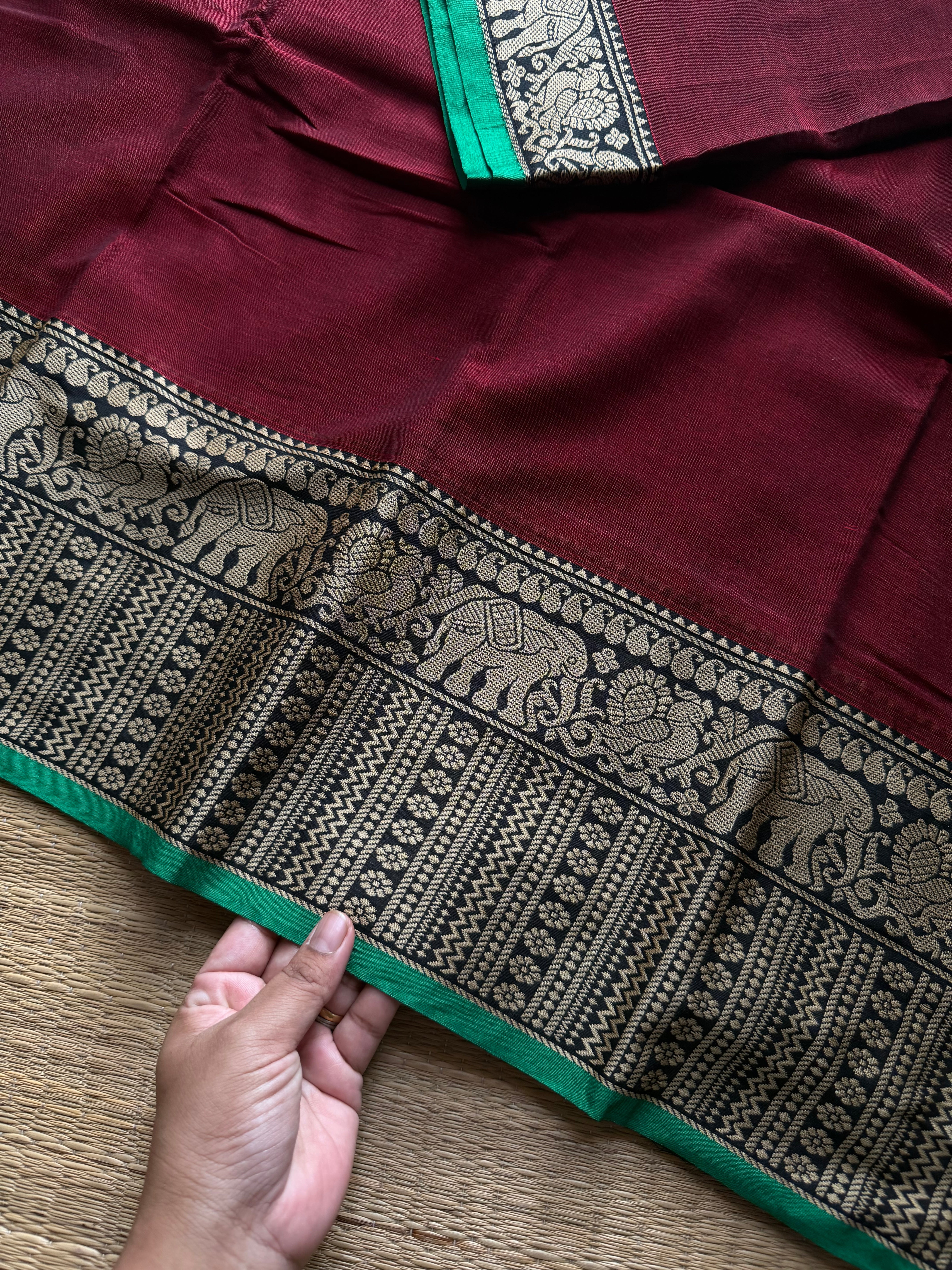 RF1213 Maroon with green ~ Mercerised Narayanpet soft cotton saree with elephant & Annam pattern border