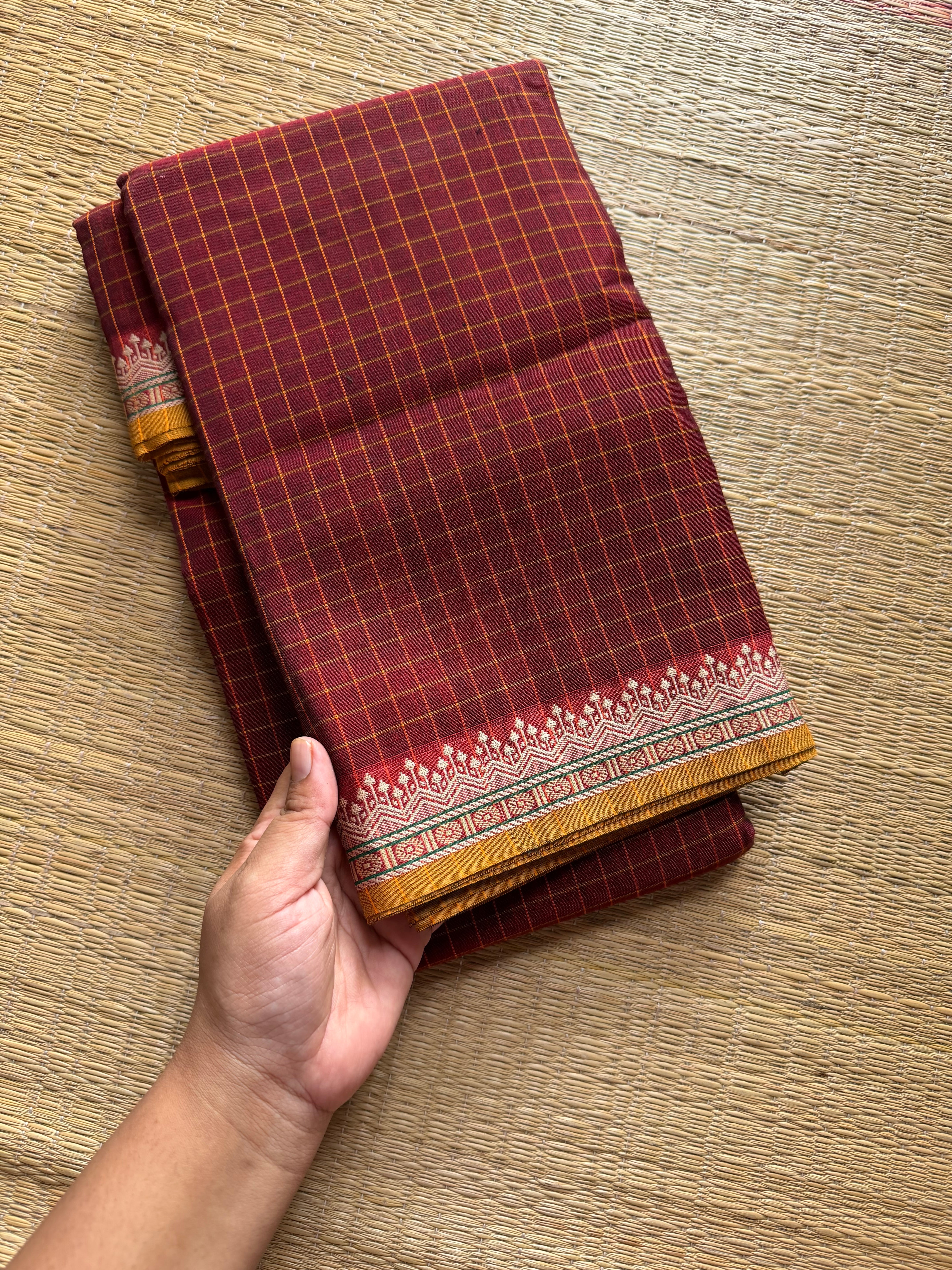 RF525 Maroon shade Mercerised Narayanpet cotton saree with contrast small border and checks / kattam pattern