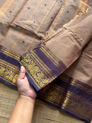 Dual tone biscuit shade Kanchi cotton saree with Annam & lotus pattern contrast border and handmade thread buttas