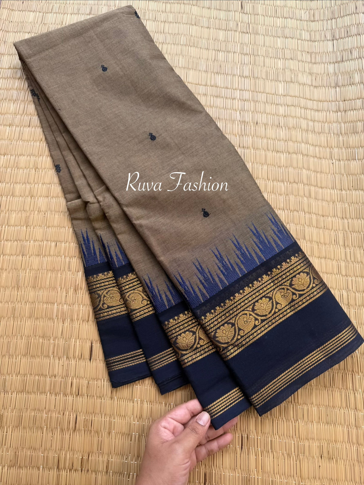 RF132 Grey With dark royal blue shade combination Thazhampoo Pattern rettapet border Kanchi cotton saree with handwoven thread buttas