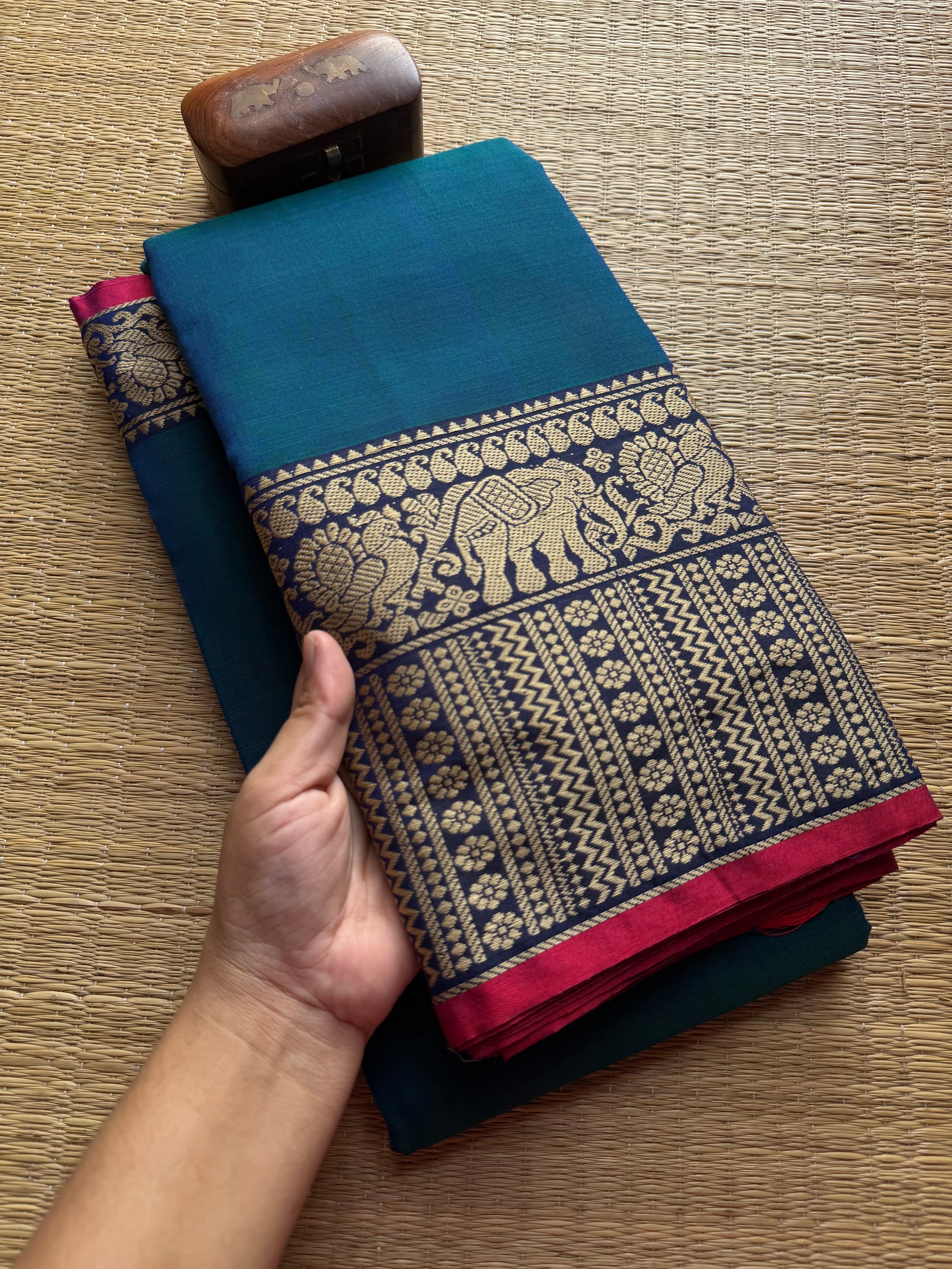 Peacock Blue Shade Mercerised Narayanpet Cotton Saree With Long Border