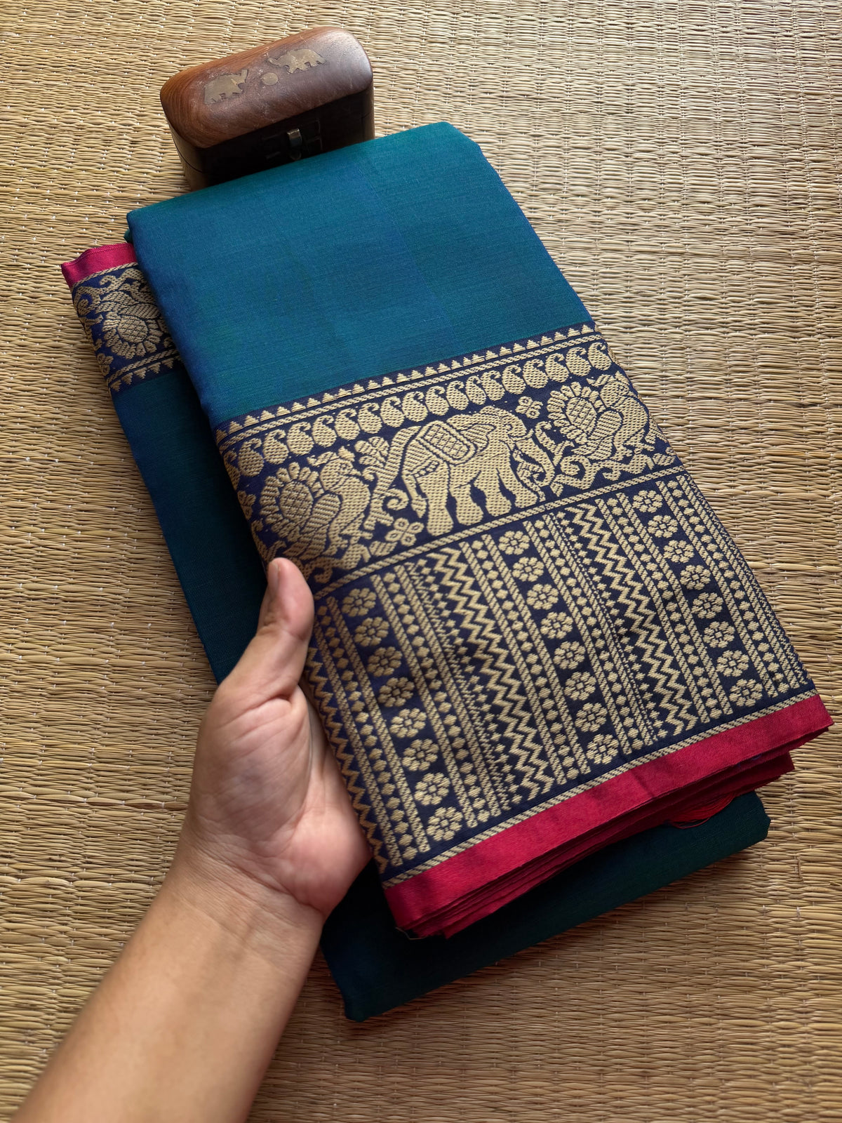 Peacock Blue Shade Mercerised Narayanpet Cotton Saree With Long Border
