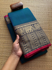 Peacock Blue Shade Mercerised Narayanpet Cotton Saree With Long Border