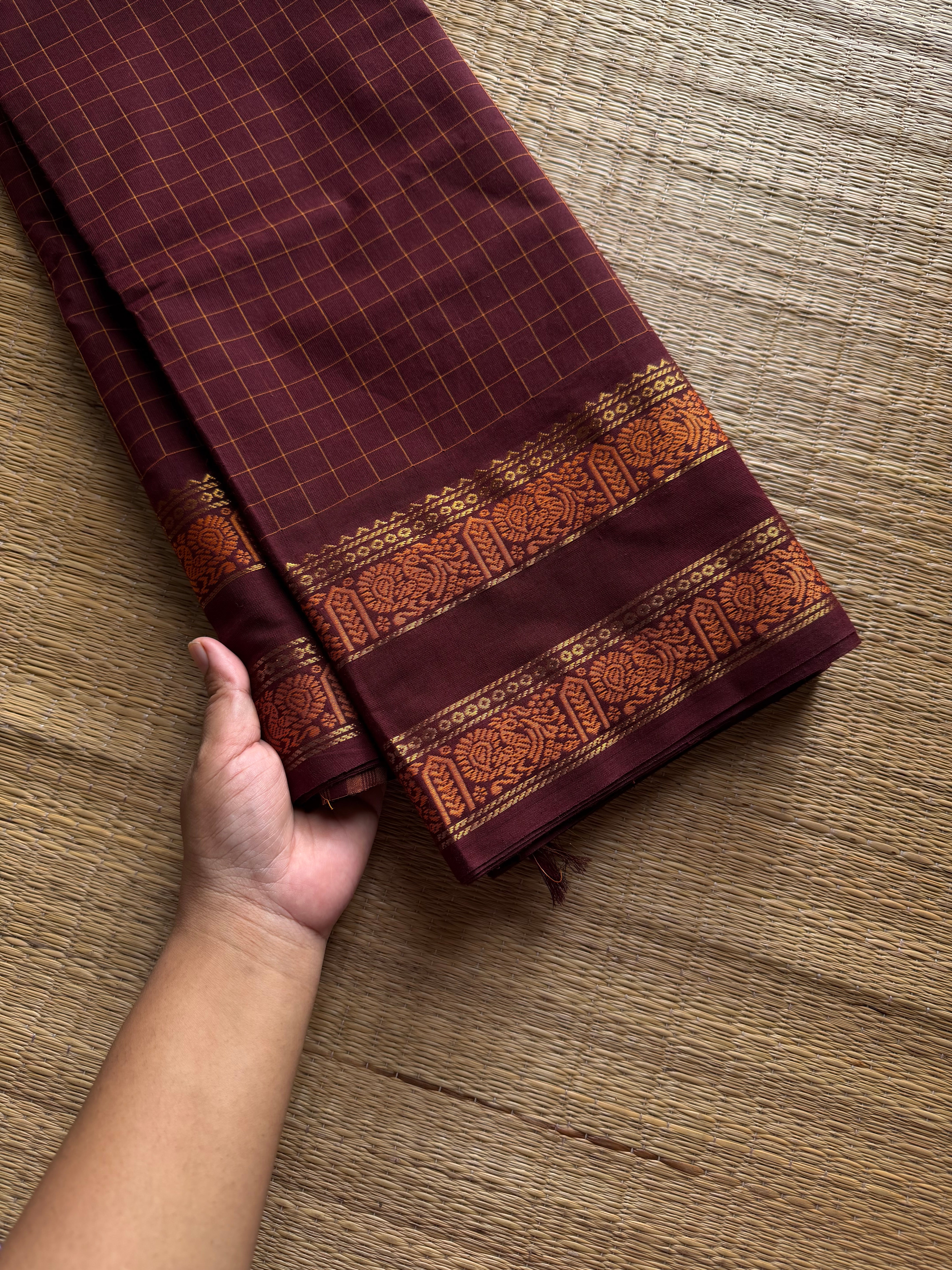 RF1252 Vintage Kattam ~ Deep Maroon shade Premium Kanchi Cotton Saree with Minimal Zari & checks pattern
