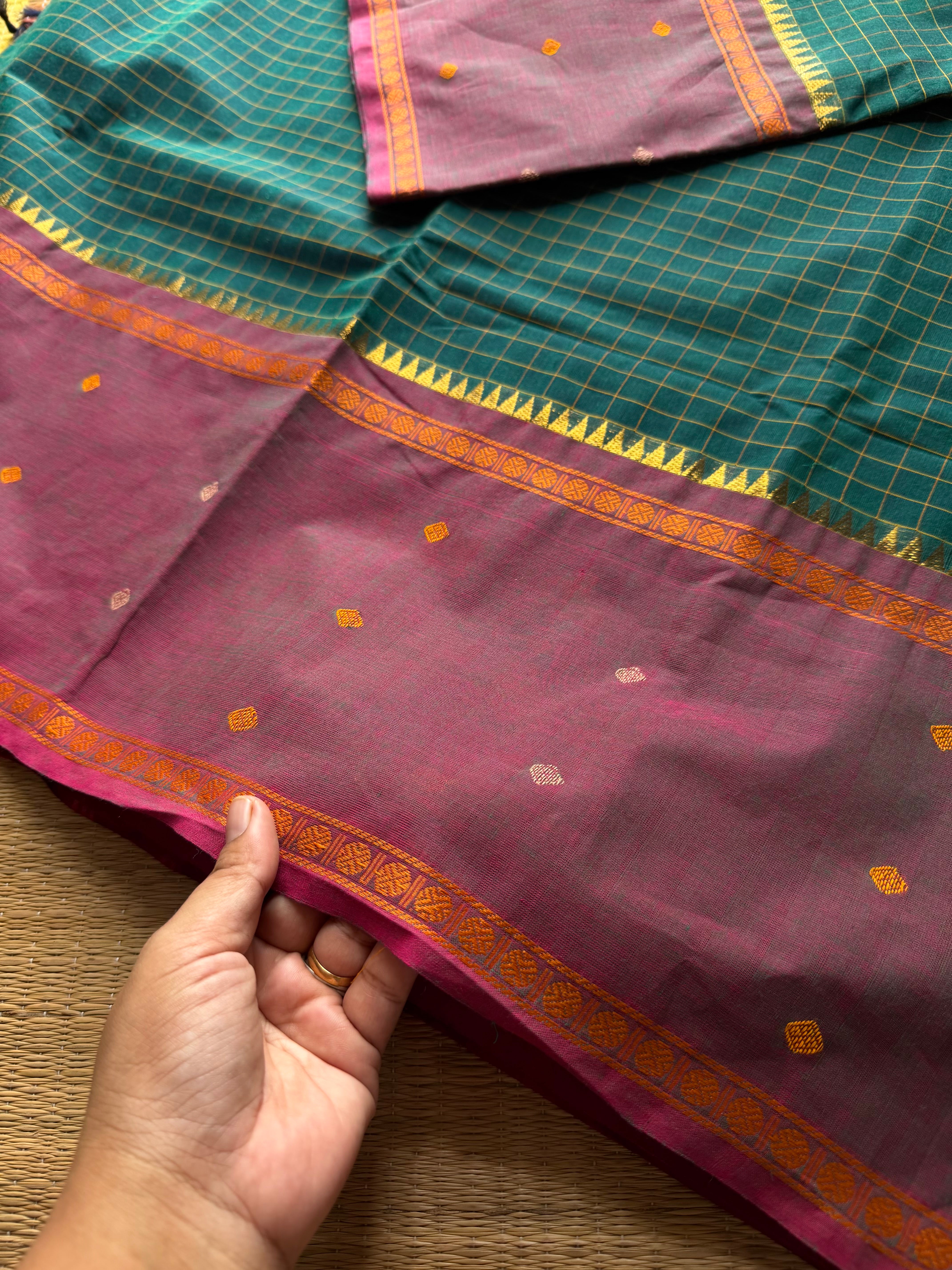 RF1238 Teal green ~ Vintage Kattam Kanchi Cotton Saree