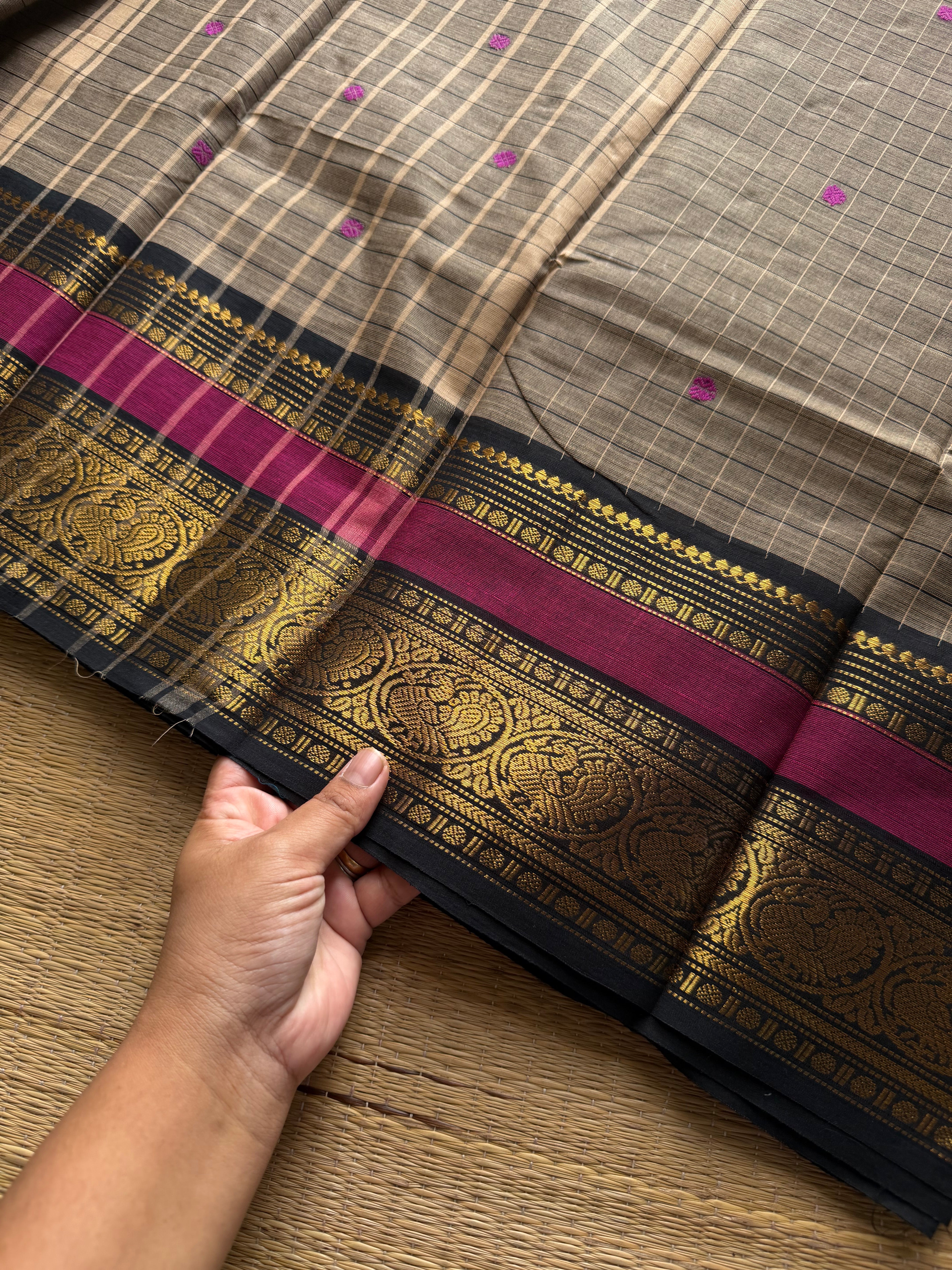 RF1221 Dual tone grey with black ~ Vintage Kattam Kanchi cotton saree with handmade thread buttas