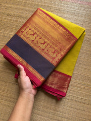 Mustard yellow shade Kanchi cotton saree with contrast big Zari border