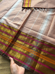 RF352 Beige shade Kanchi cotton saree with Varisaipet Annam pattern border