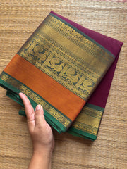 Dark magenta pink shade Kanchi cotton saree with contrast big Zari border