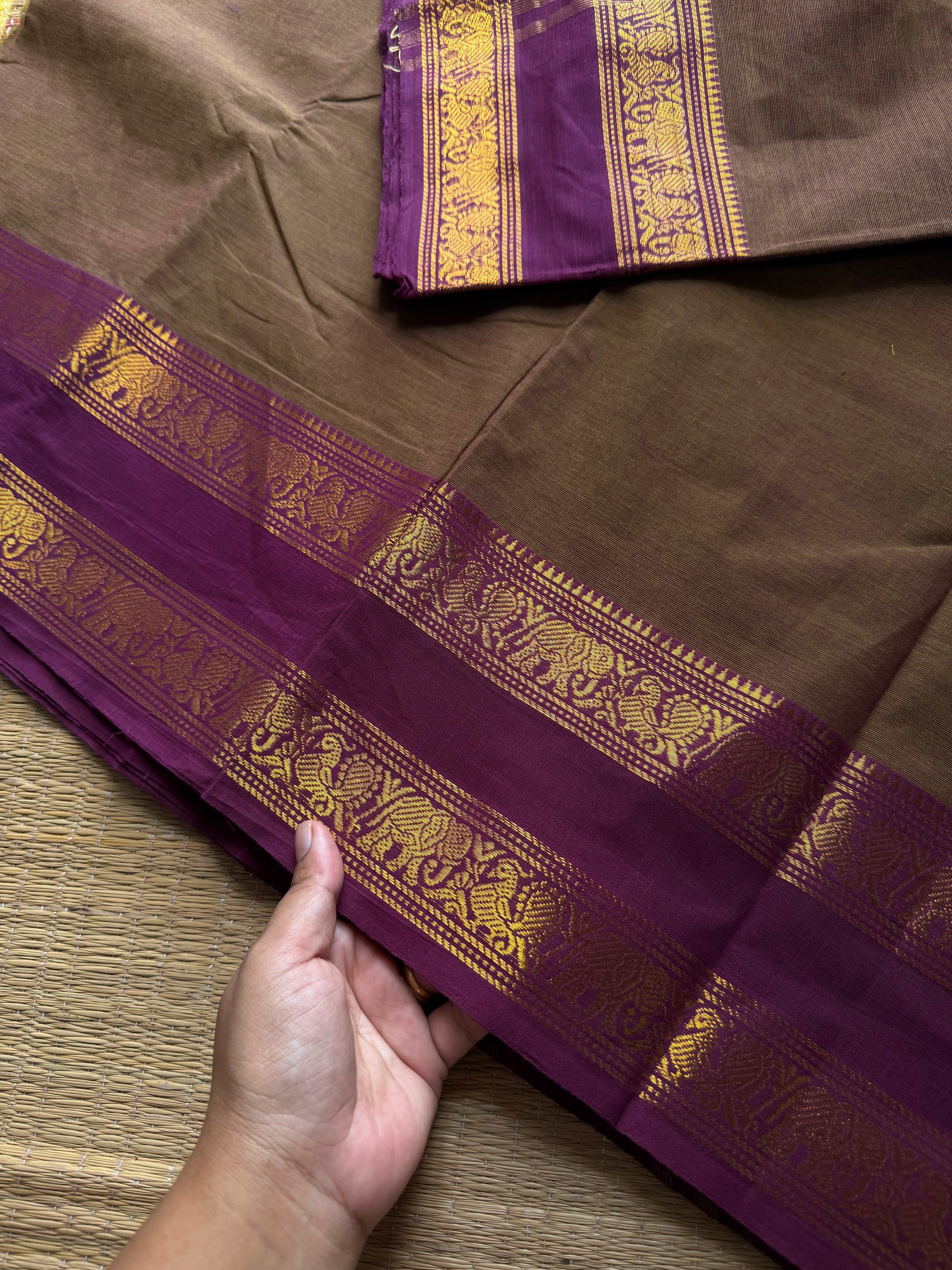 RF923 Dual tone olive brown shade ~ Silk saree inspired Kanchi cotton saree