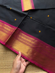 RF905 Black ~ Kanchi cotton saree with handmade thread buttas