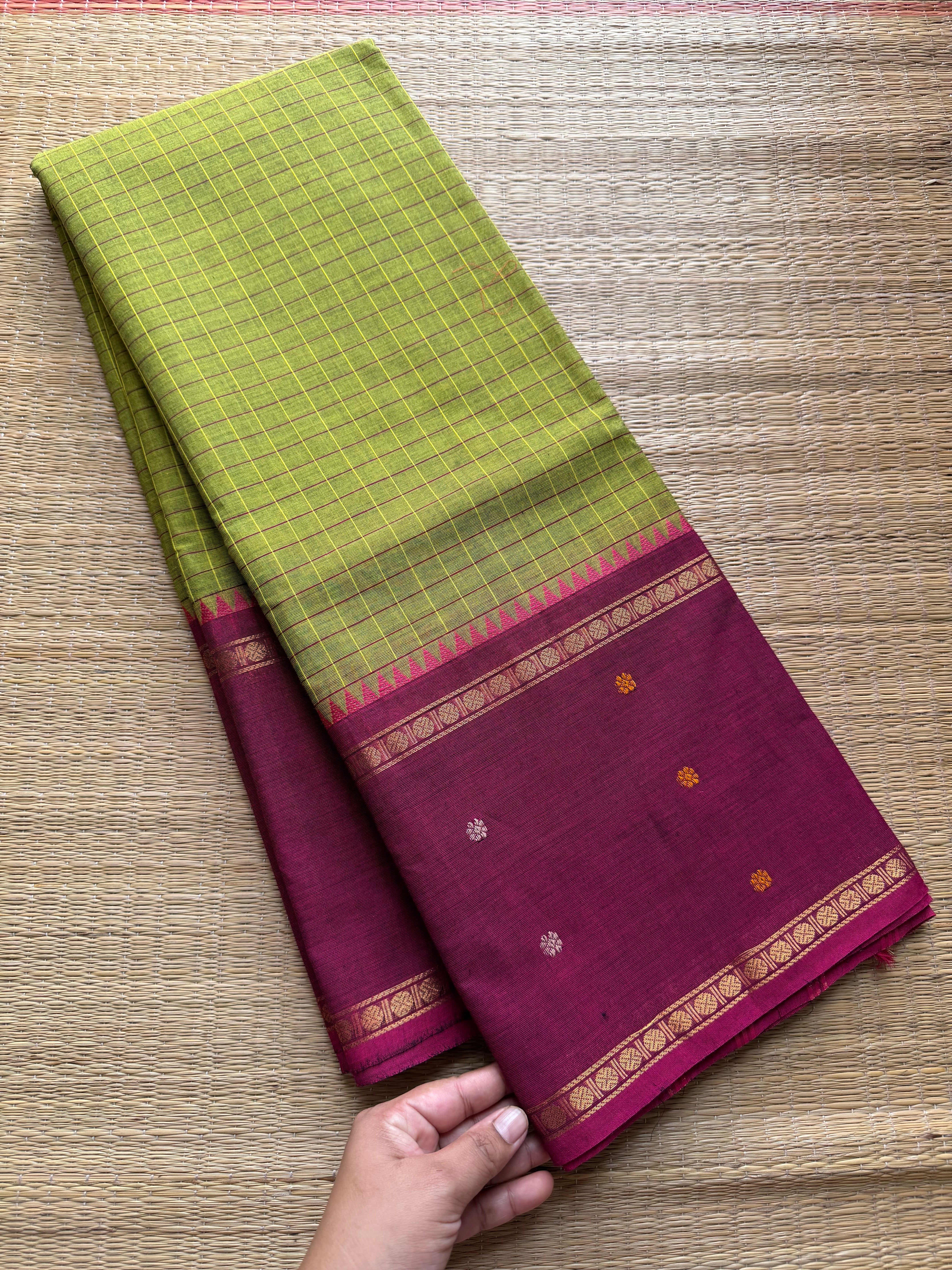 RF527 Green with magenta pink combination Vintage l Border Kanchi Cotton Saree With kattam / checks pattern & handwoven Buttas on the border