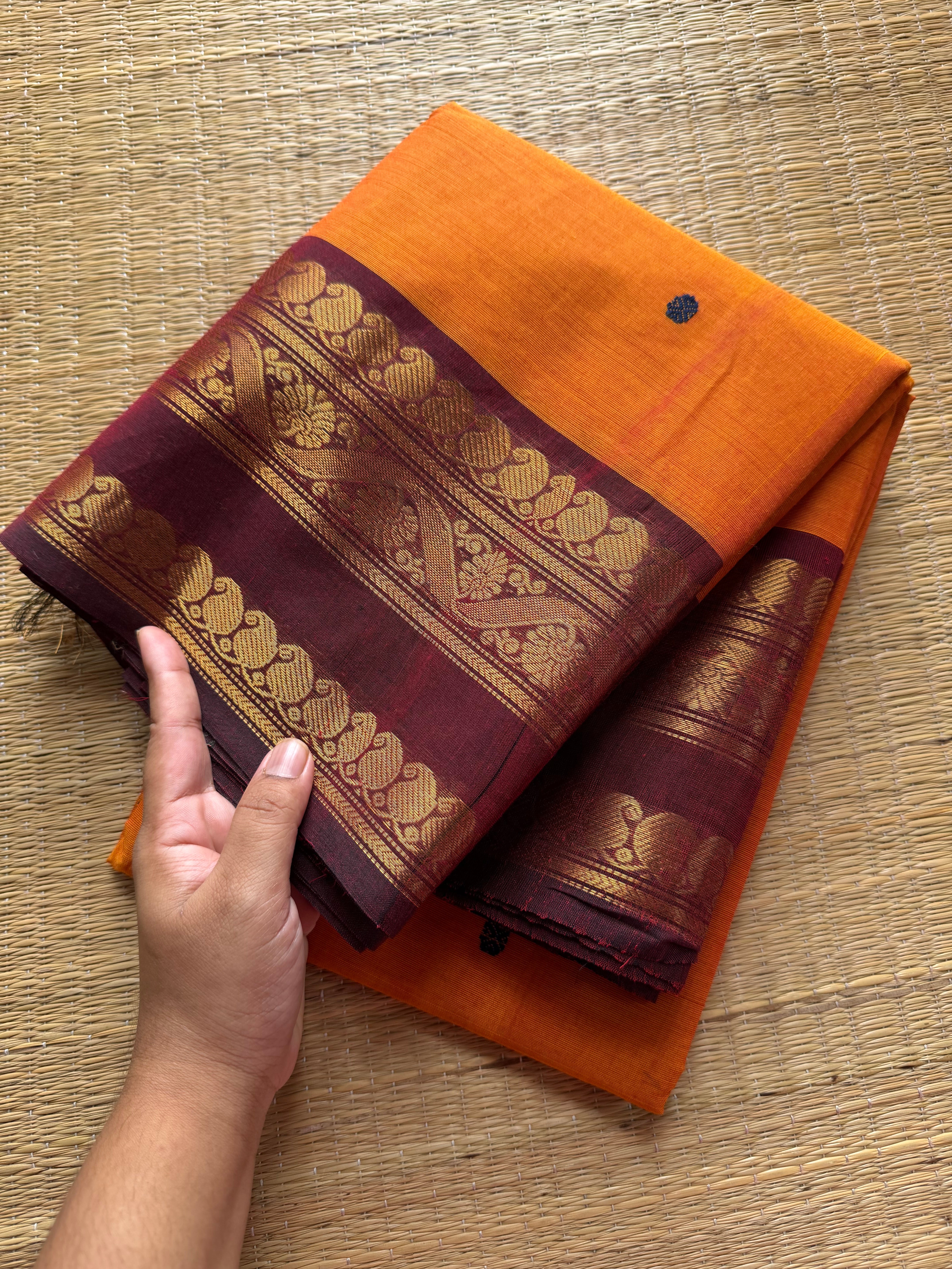 RF371 Orange with contrast maroon combination mango and floral pattern border Kanchi cotton saree with handmade Buttas