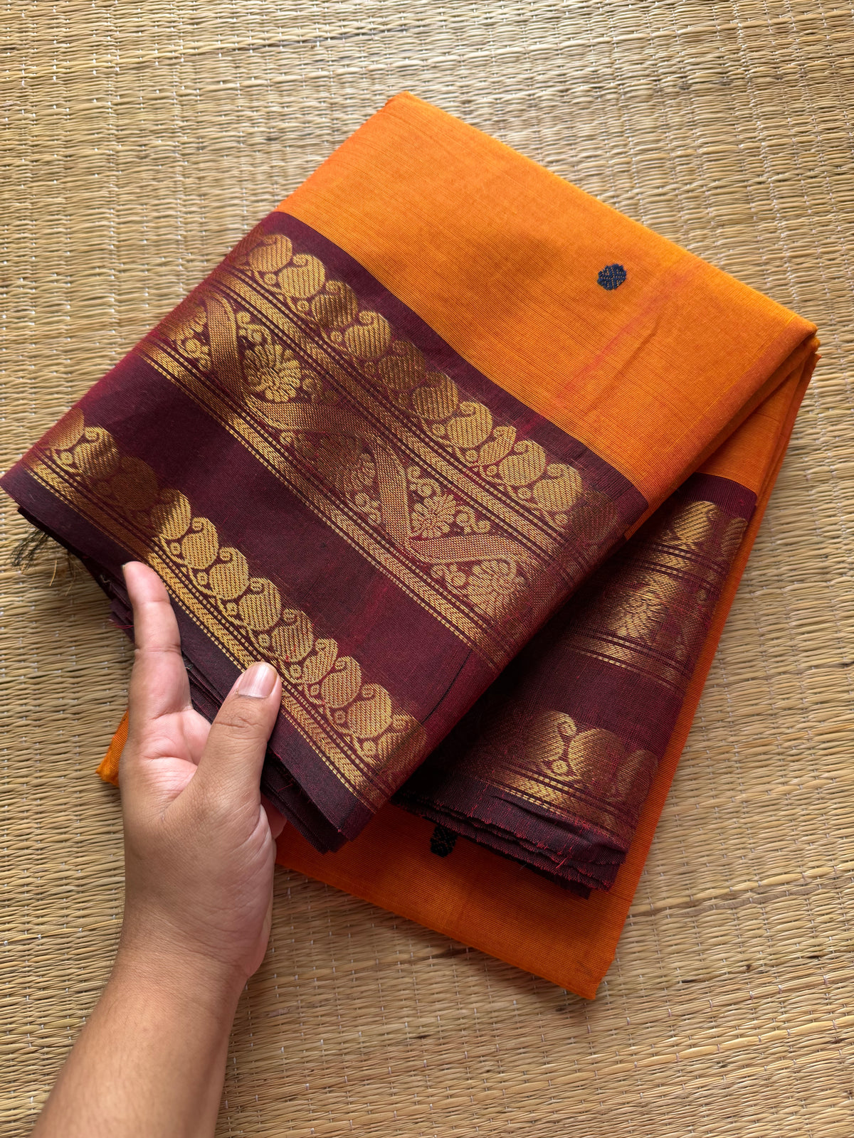 RF371 Orange with contrast maroon combination mango and floral pattern border Kanchi cotton saree with handmade Buttas