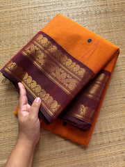 RF371 Orange with contrast maroon combination mango and floral pattern border Kanchi cotton saree with handmade Buttas