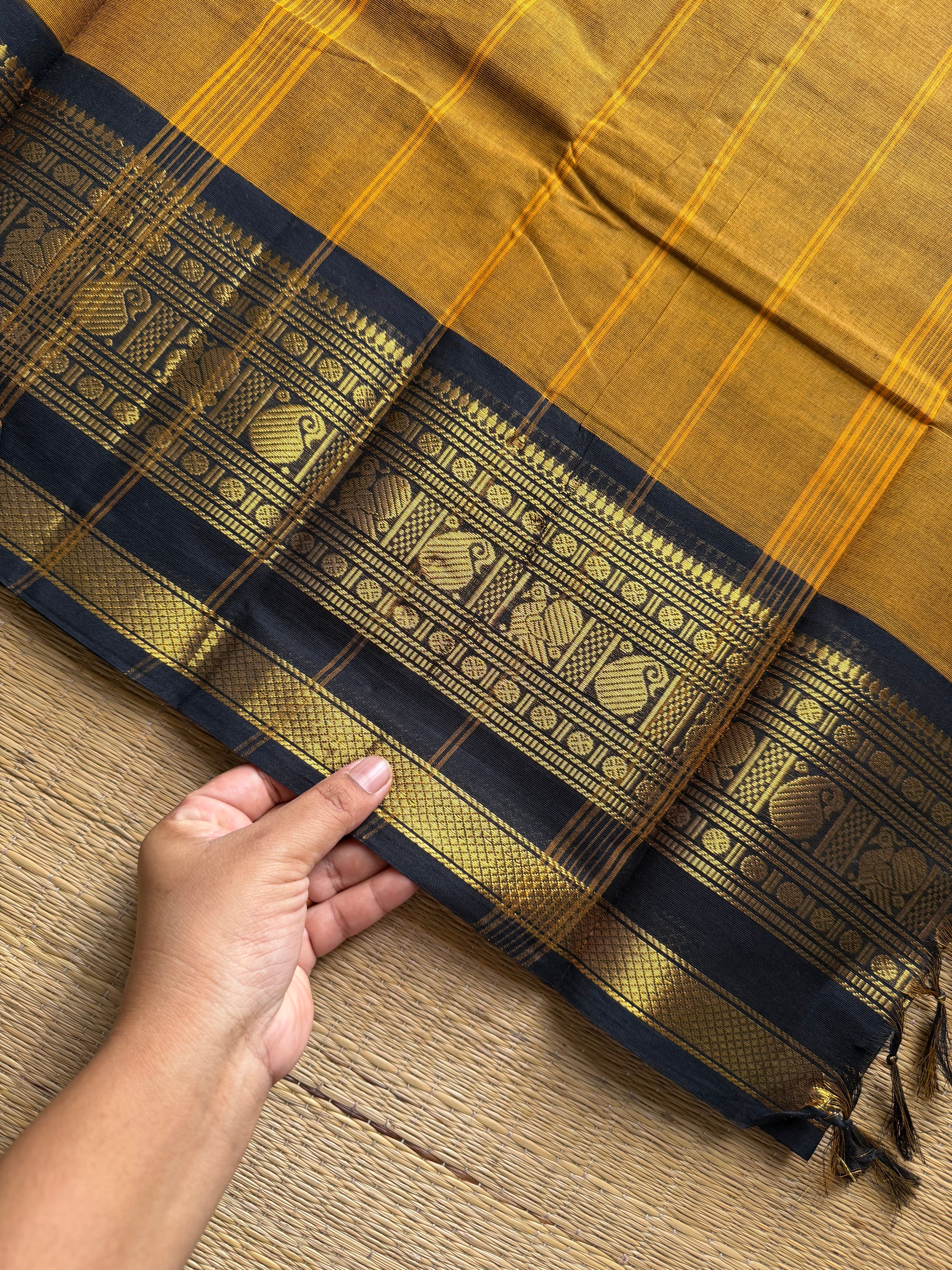 RF1157 Mustard with black Kanchi cotton saree