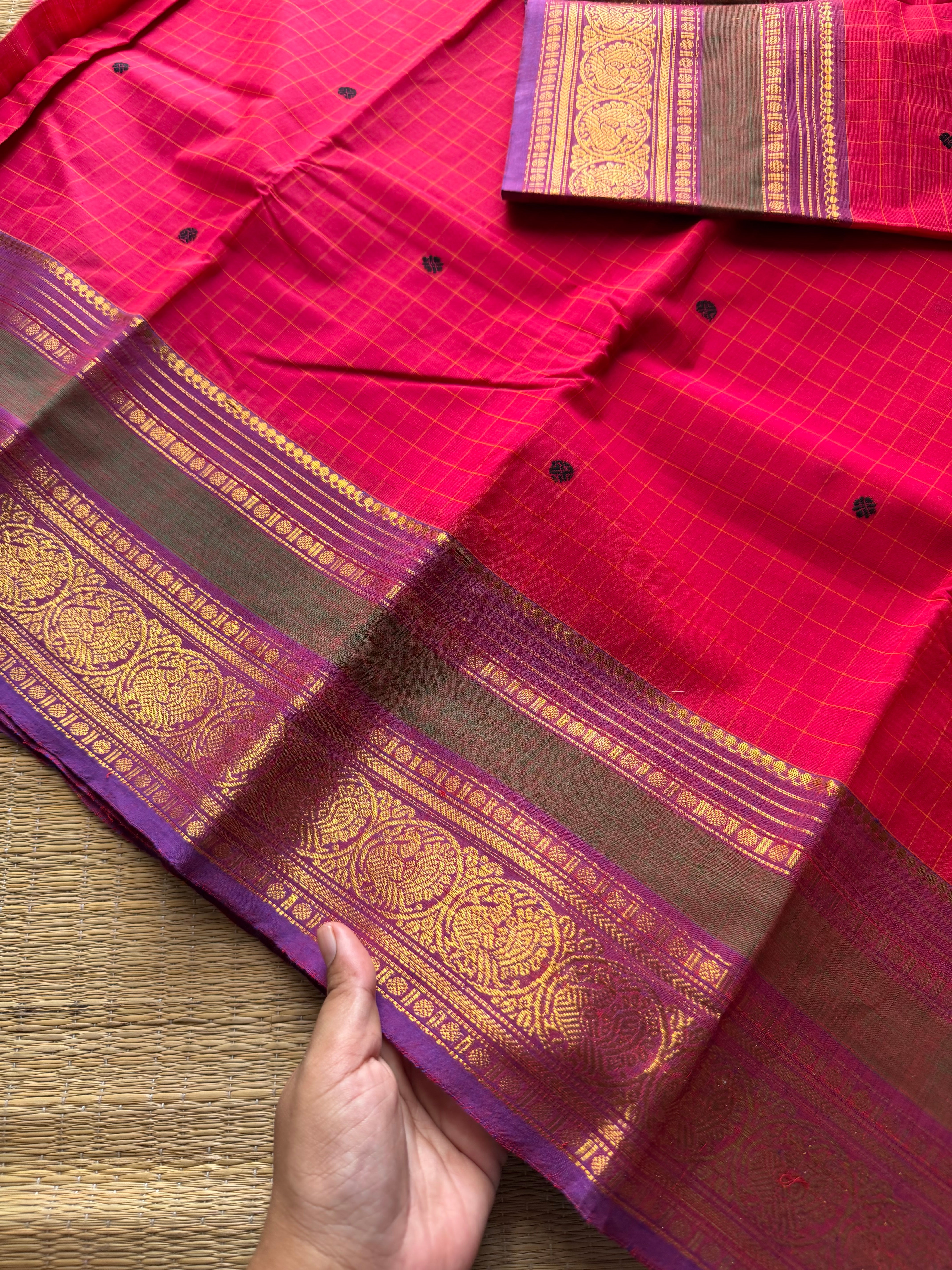 RF719 Kattam edition ~ Rani pink shade Kanchi cotton saree with checks pattern and handmade thread buttas