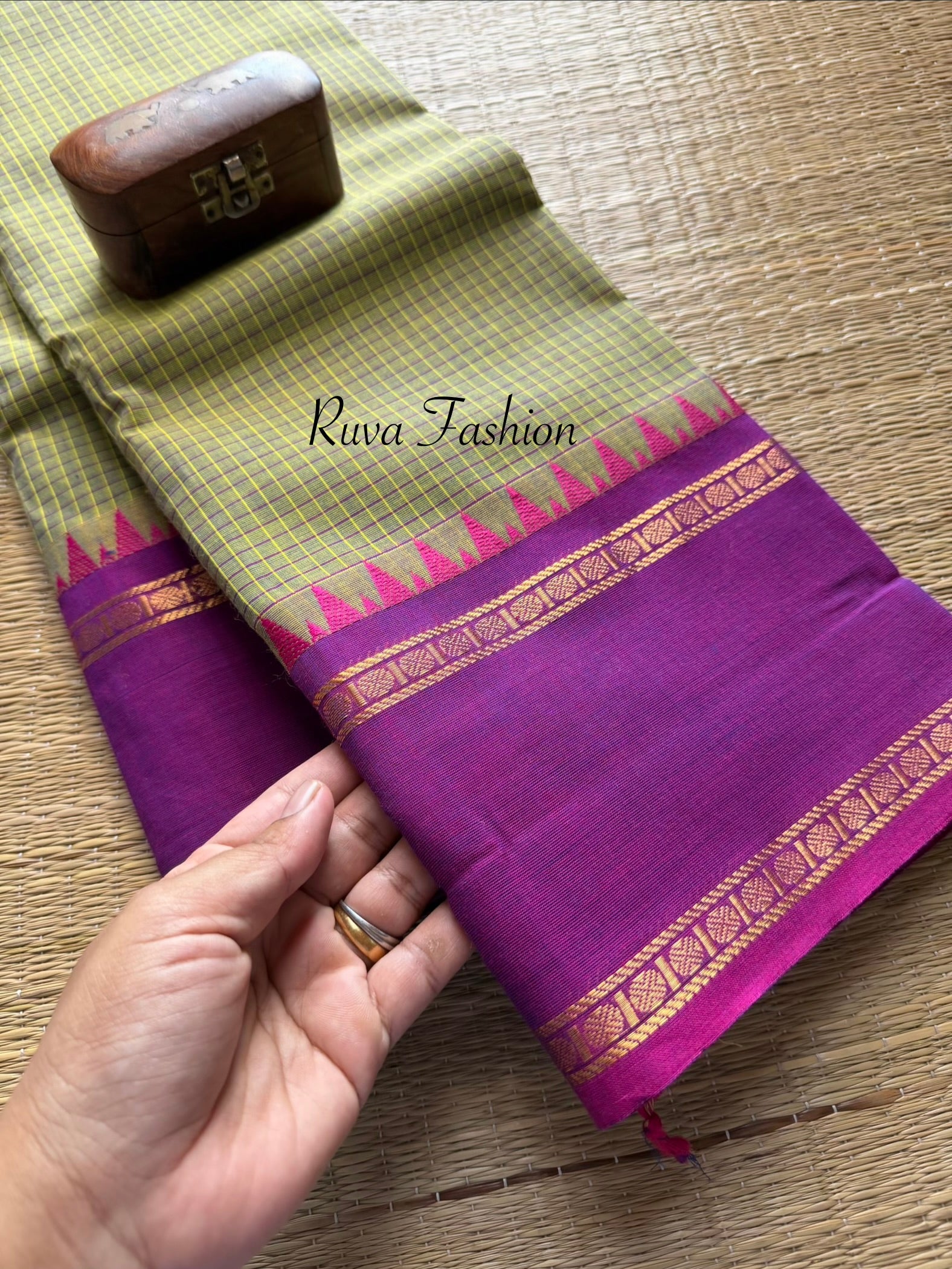 RF58 Dual tone Turquoise green shade with contrast dualmagenta pink  vintage border Podi Kattam Kanchi cotton saree