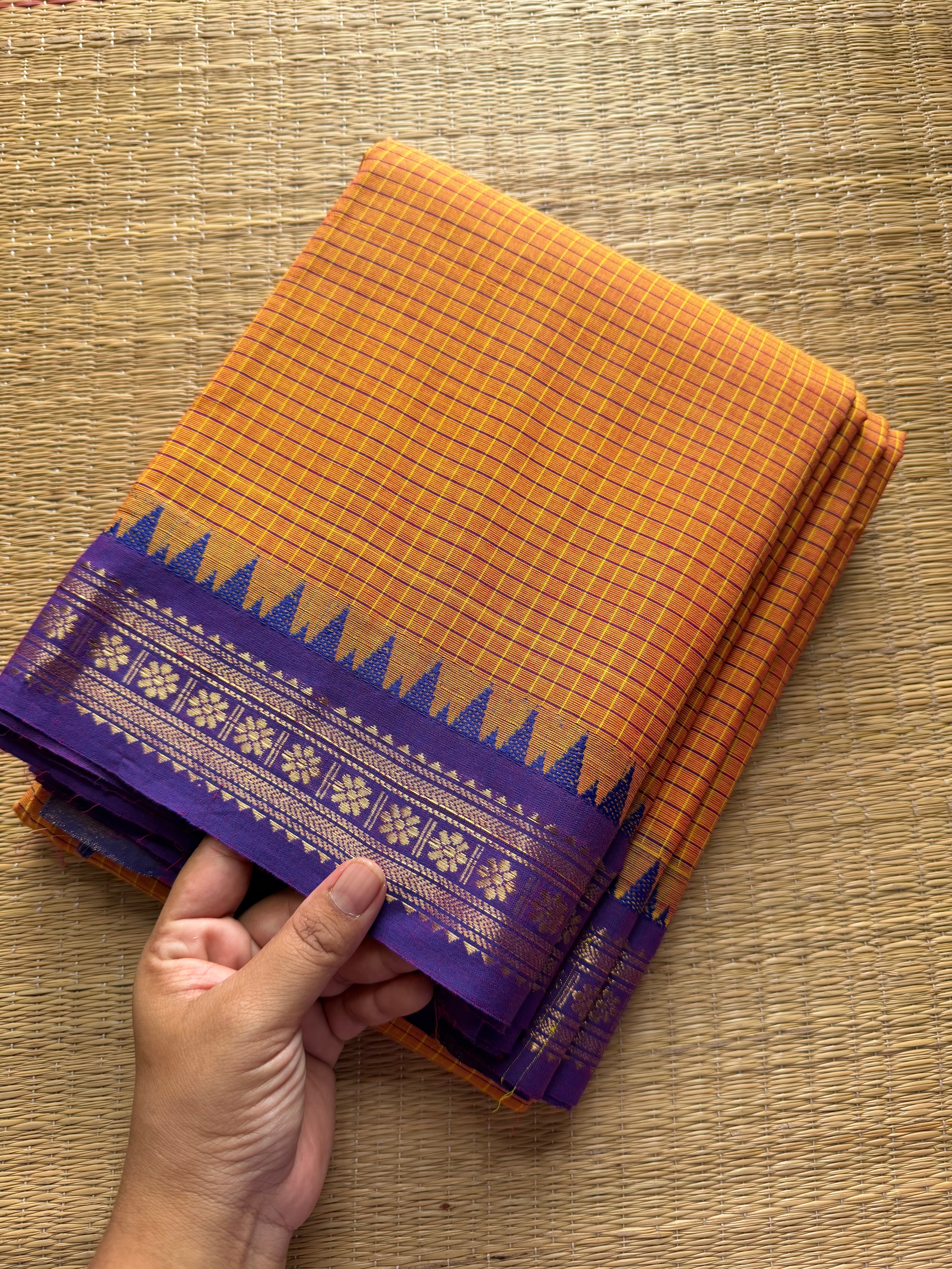 RF268 Mango shade with purple combination Podi Kattam Kanchi cotton saree with small border