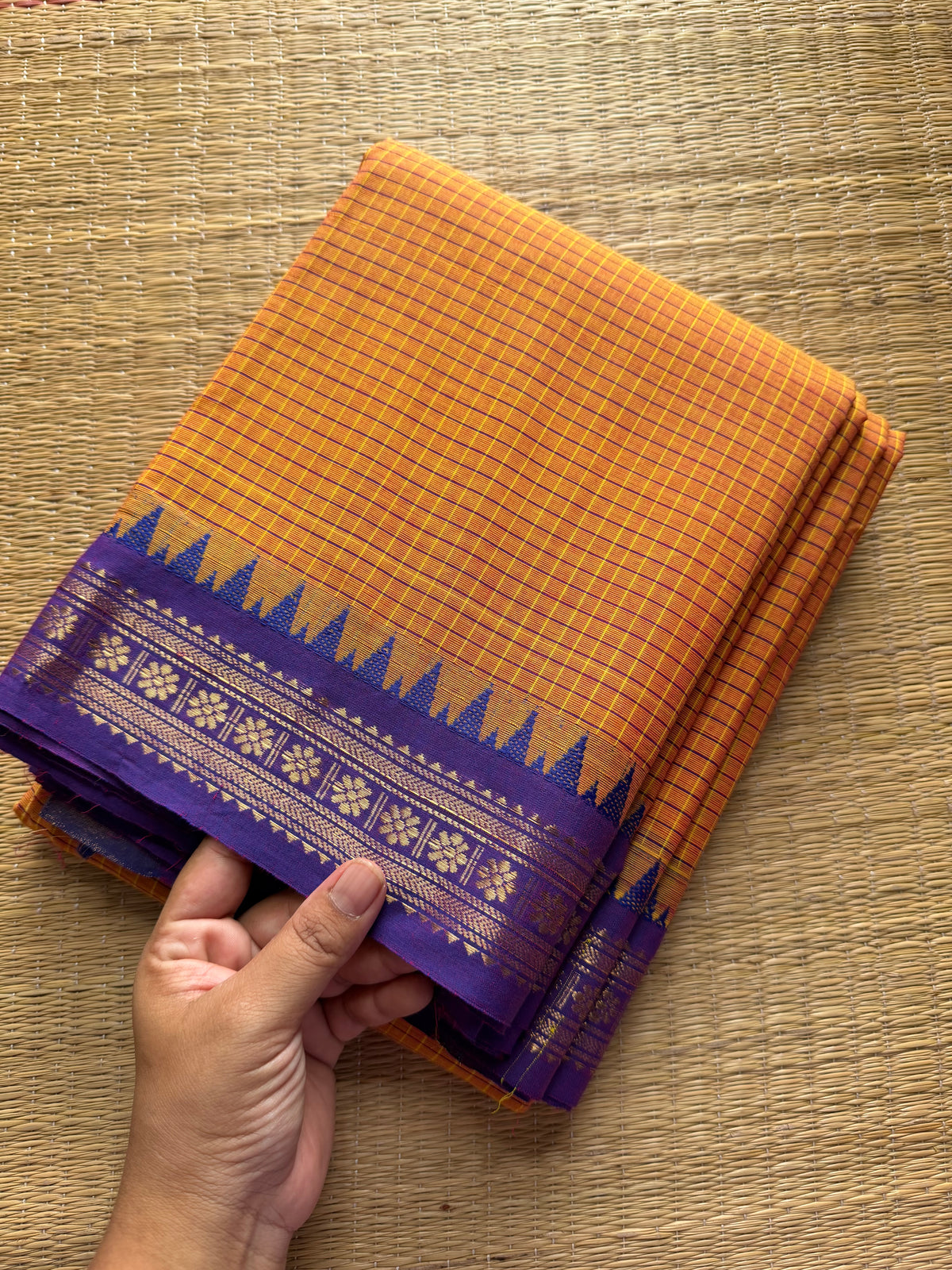 RF268 Mango shade with purple combination Podi Kattam Kanchi cotton saree with small border