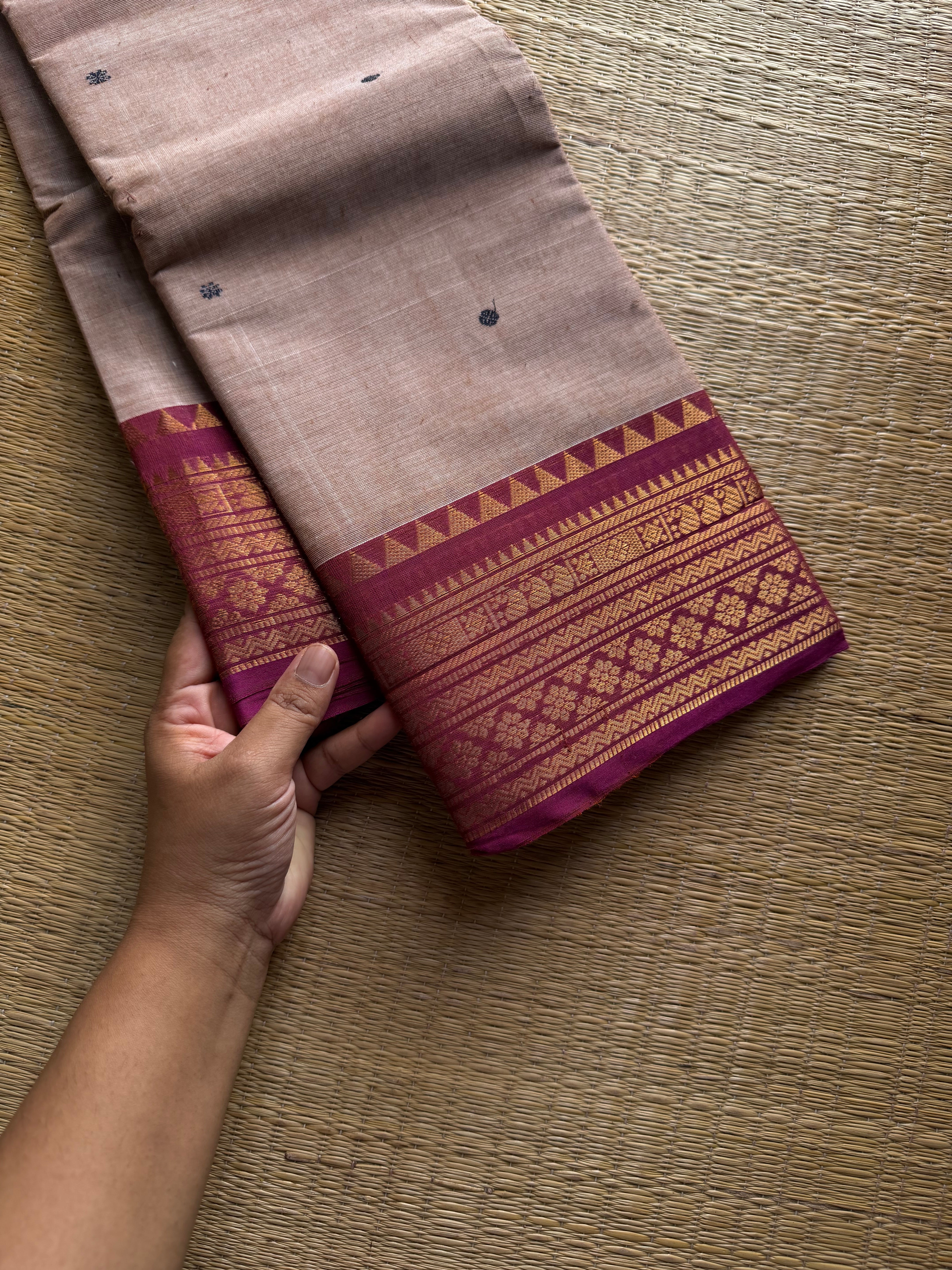 RF1123 Beige shade ~ Kanchi Cotton saree with handmade thread buttas