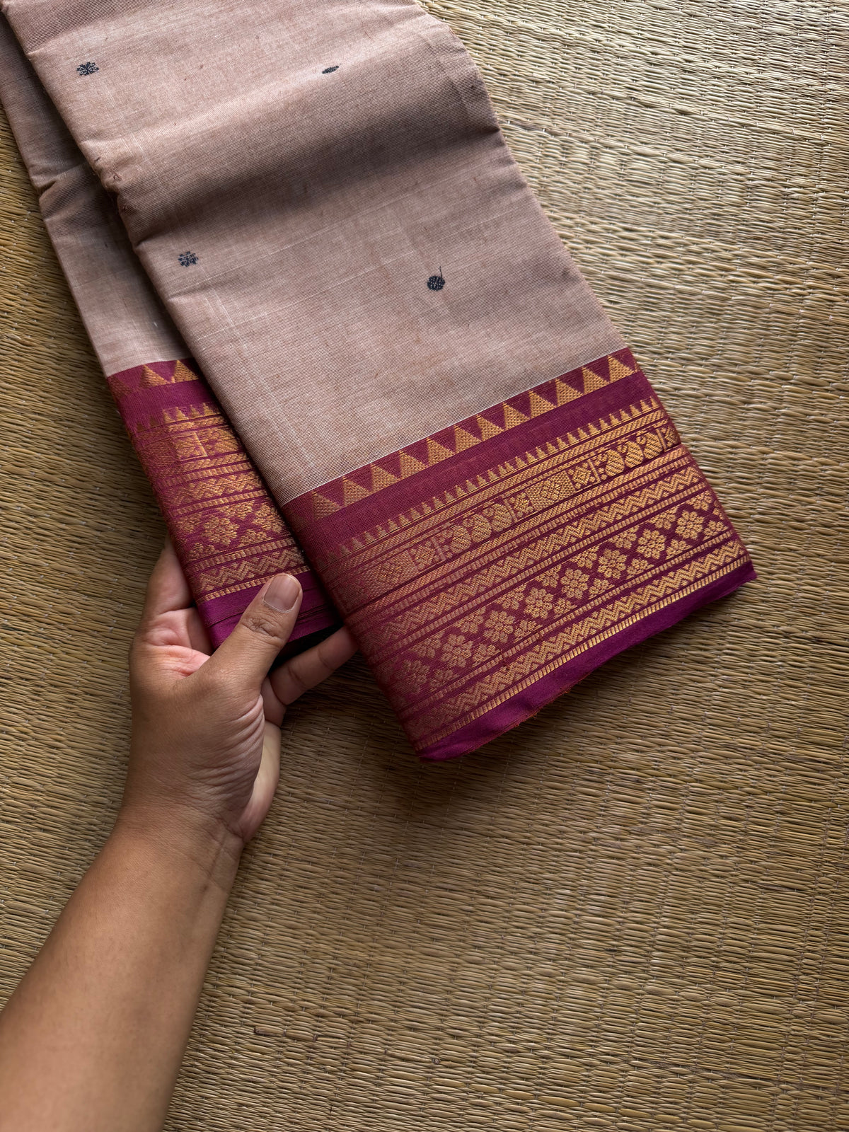 RF1123 Beige shade ~ Kanchi Cotton saree with handmade thread buttas
