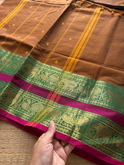 RF252 Dark Honey shade with contrast green and pink combination Rettapet border Kanchi cotton saree with handmade thread buttas
