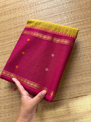 Dual tone green and yellow mixed shade with contrast pink combination Vintage l Border Kanchi Cotton Saree With kattam / checks pattern & handwoven Buttas on the border