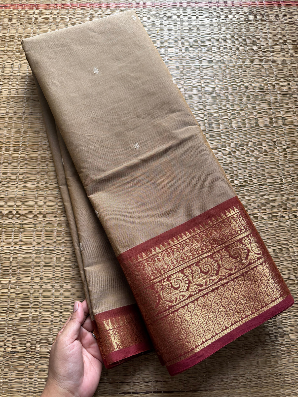 RF240 Cream shade Kanchi cotton saree with contrast brick shade zari border & handmade thread buttas