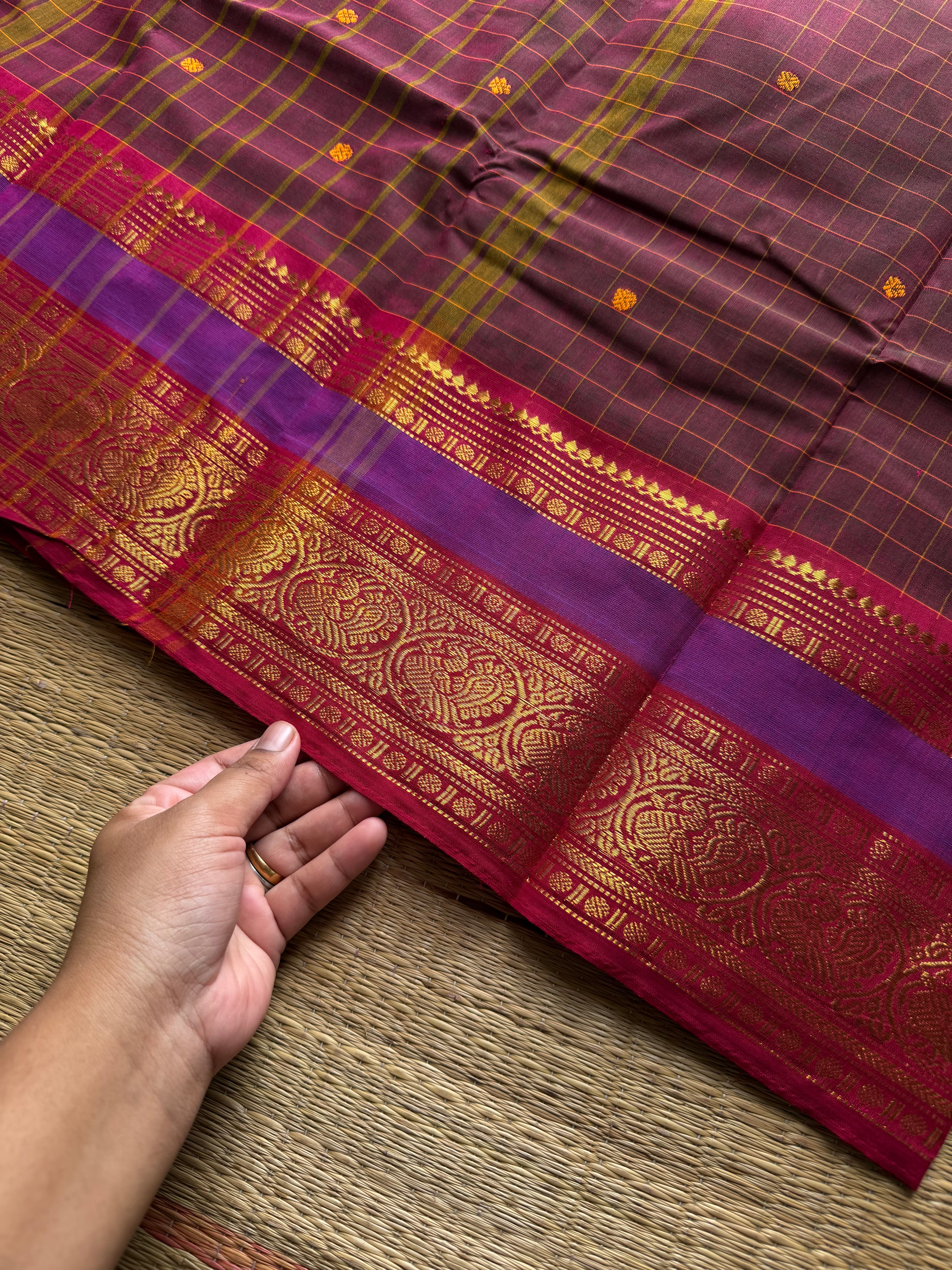 RF1349 Kattam Edition ~ Dual Arakku shade Kanchi cotton saree with handmade thread buttas