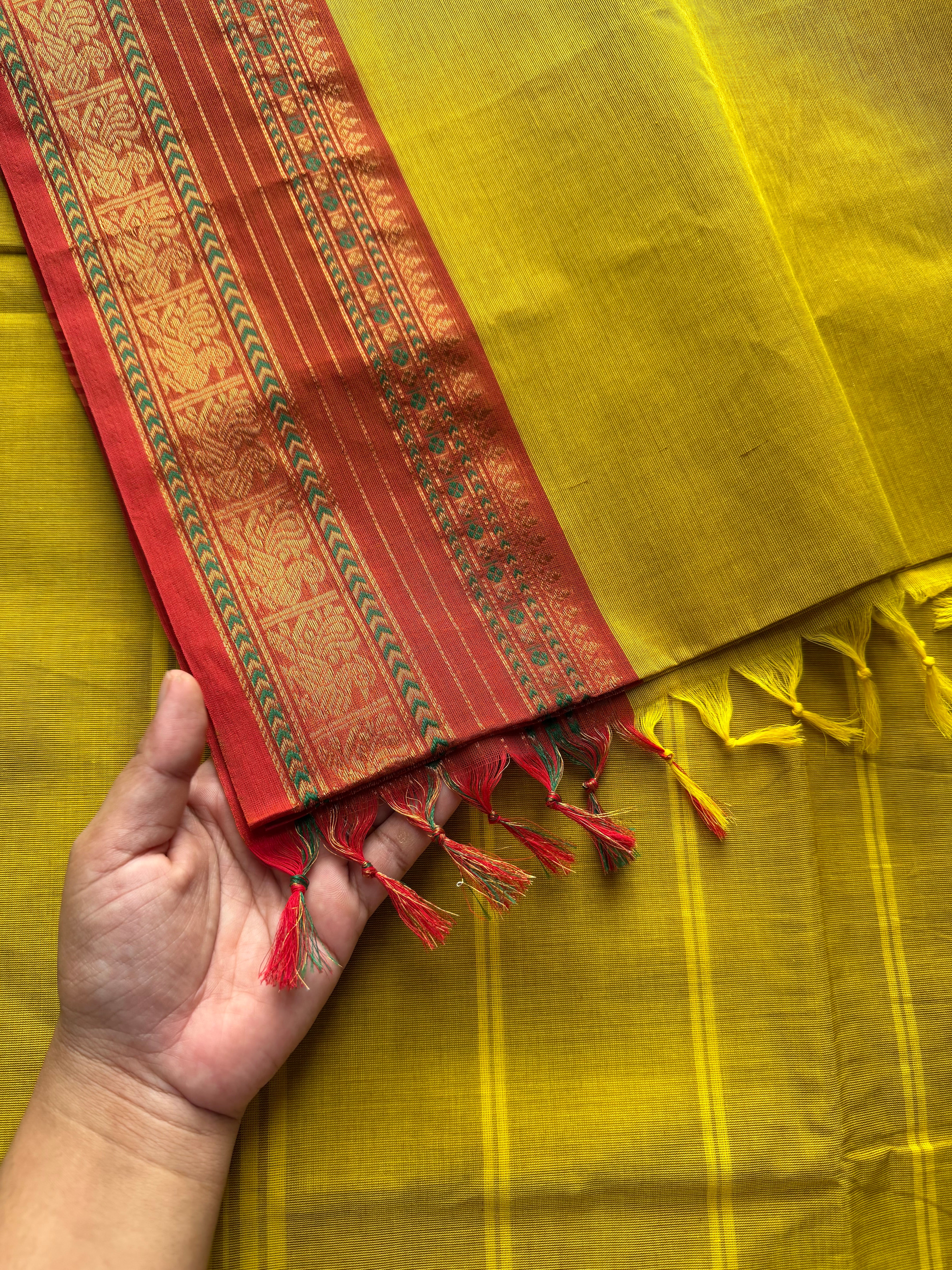 RF214 Mustard yellow shade Kanchi cotton saree with silk saree inspired contrast border