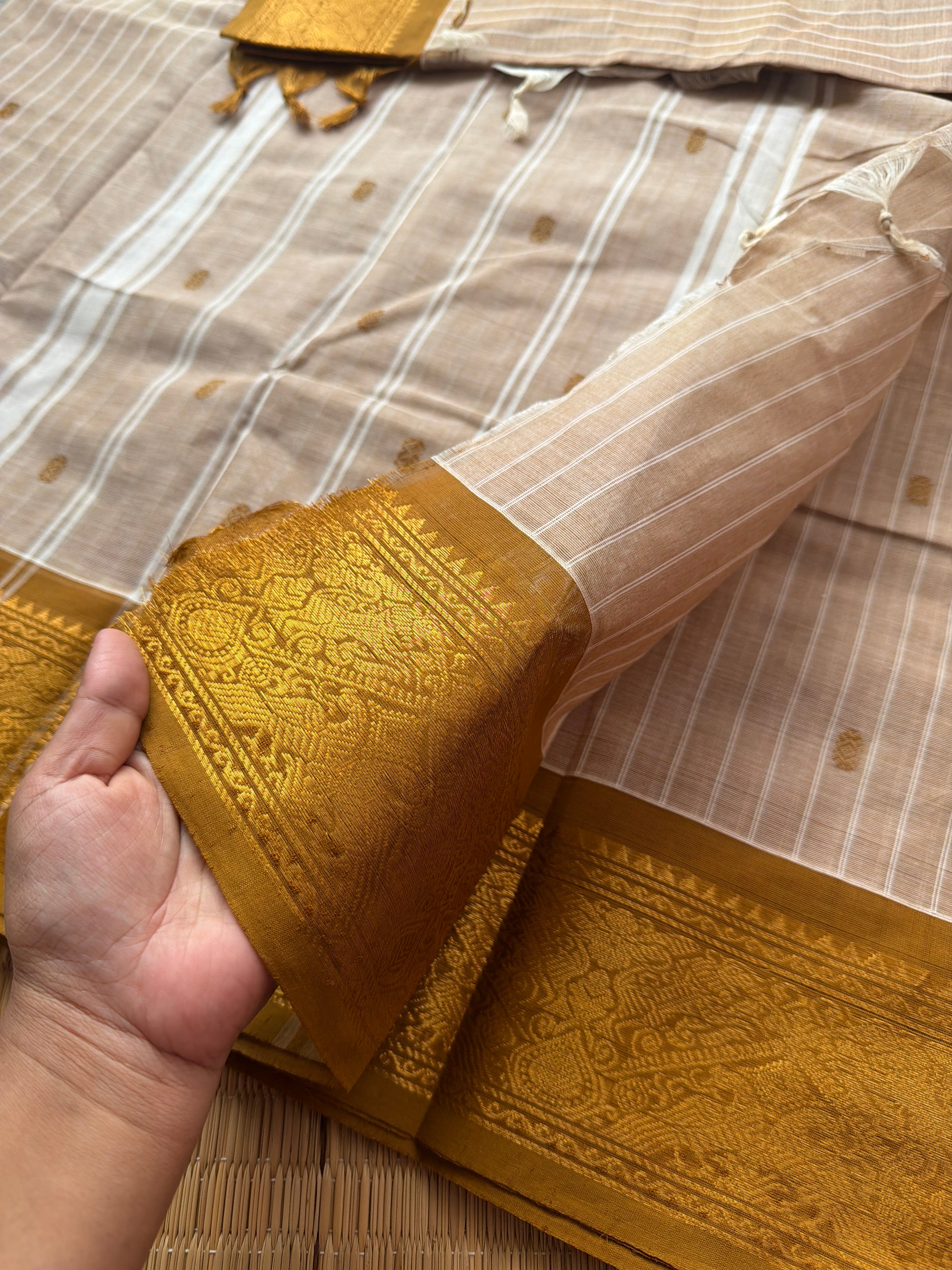 RF152 Cream with mustard yellow combination vintage Vanasingaram border Kanchi Cotton Saree with striped pattern & handmade thread buttas