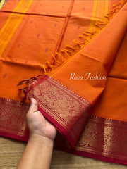 Orange with Maroon combination Kanchi cotton saree with vanasingaram border and handmade thread buttas