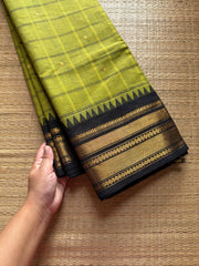 RF642 Green with black Kanchi cotton Kattam / checks pattern saree with hand made Zari butta